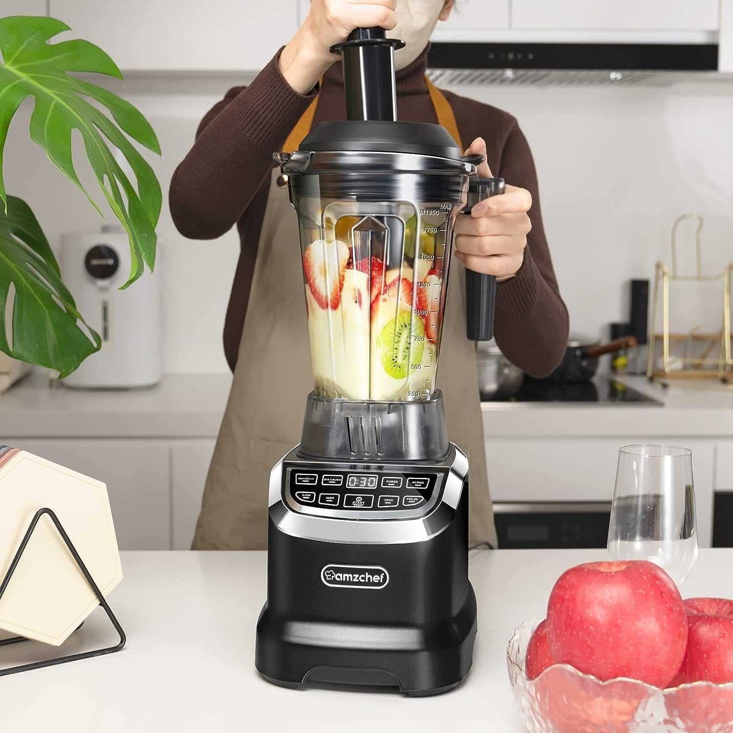 AMZCHEF Frullatore Professionale 2 IN1 con Contenitori da 1850 ml e 600 ml per Due Modalità di Frullatura | Frullatore da Tavolo 2000 Watt con 6 Lame Professionali e 22000 Giri/Min - Grigio Opaco