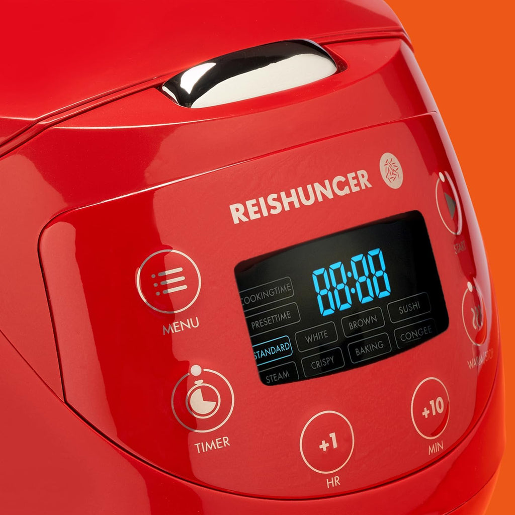 REISHUNGER Cuociriso digitale piccolo, nero | Da 0,6 L fino a 3 persone | Funzione mantenimento calore, timer e pentola premium | Multicooker e vaporiera piccoli, 8 programmi, tecnologia a 7 fasi