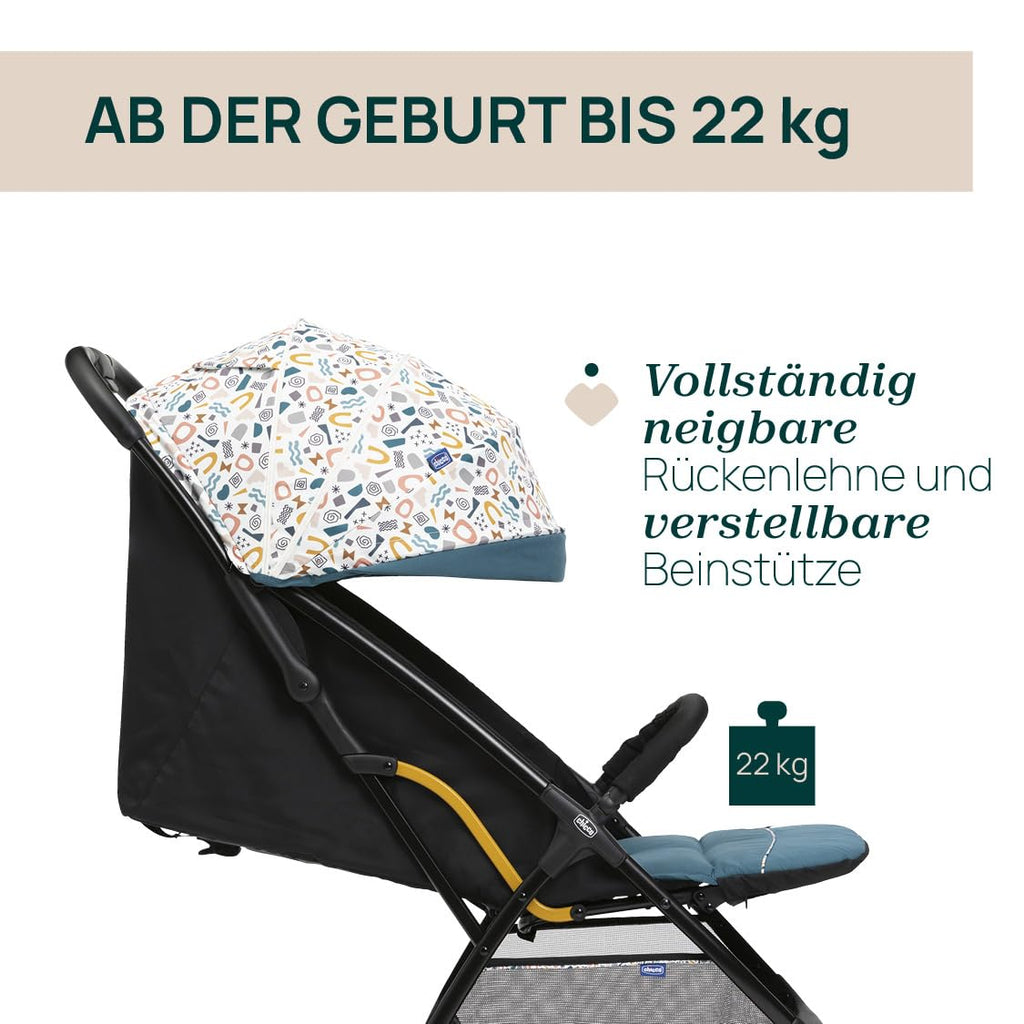 Chicco, Glee, Kinderwagen ab 0 Monate bis 4 Jahre, mit Automatik- und Kompaktverschluss, Ausziehbares Verdeck mit Lichtschutzfaktor 50+ und Regenschutz, 3-stufig verstellbare Rückenlehne, Beinauflage