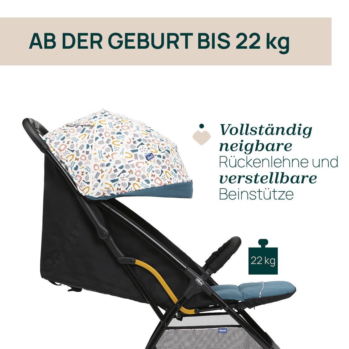 Chicco, Glee, Kinderwagen ab 0 Monate bis 4 Jahre, mit Automatik- und Kompaktverschluss, Ausziehbares Verdeck mit Lichtschutzfaktor 50+ und Regenschutz, 3-stufig verstellbare Rückenlehne, Beinauflage