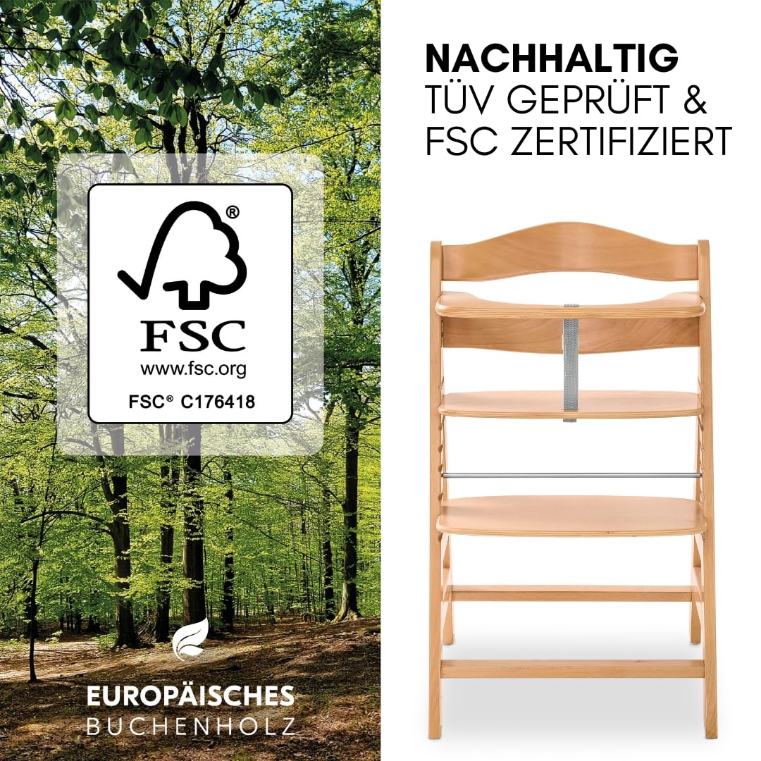 hauck Alpha Plus Newborn Set mit Premium Bouncer Dark Grey - Baby Holz Hochstuhl ab Geburt mit Liegefunktion - extra flacher Aufsatz für Neugeborene & Baumwoll Sitzpolster - Grau