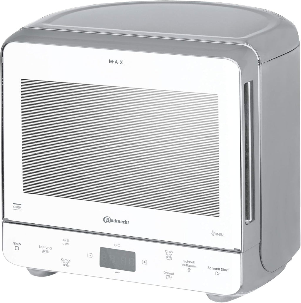 Bauknecht MW 39 WSL / Kombination Grill und Mikrowelle / Crisp Funktion / 700 W / 13 L Garraum / Super-Kompakt Design / Dampfgarfunktion / Schnellauftau-Funktion, Weiß/Silber