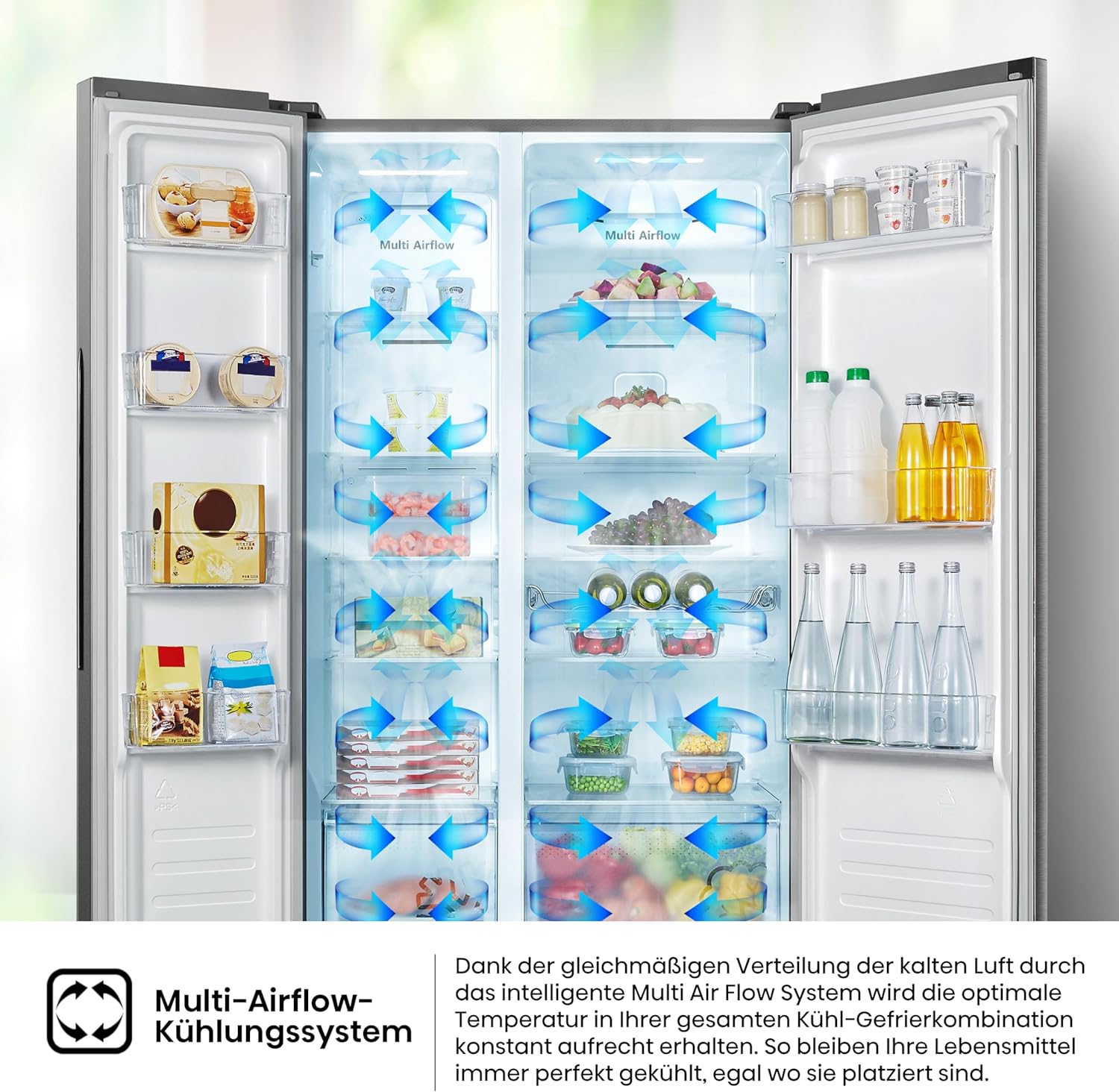 Hisense RS677N4BFD Frigorifero Americano Side by Side / Compressore Inverter / Porta Bottiglie / 2 FreshZone / Vano Verdure / Capacità Frigo 334 L / Capacità Congelatore 185 L / 41 dB / 247 kWh all'anno, Nero