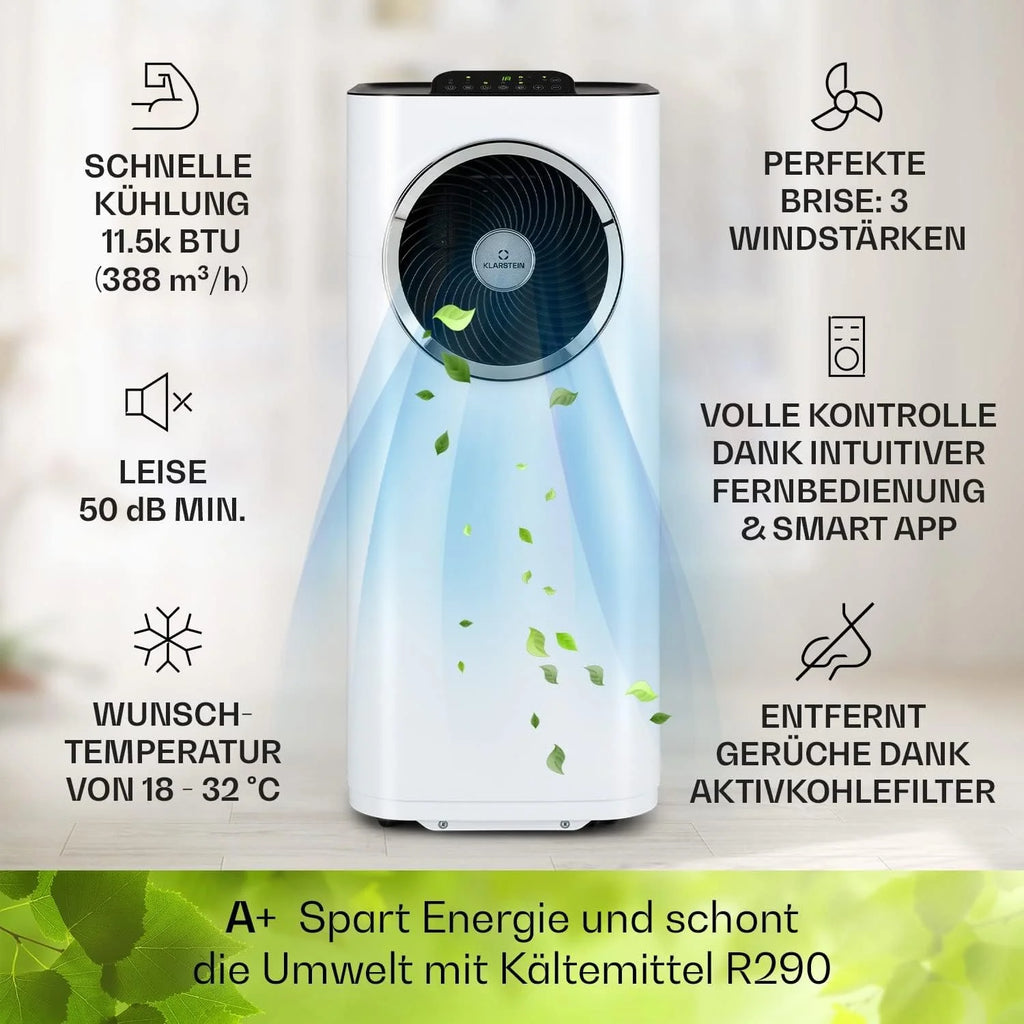 Klarstein Condizionatore Portatile 5-in-1 con Tubo di Scarico, Ventilatore, Deumidificatore, Purificatore d'Aria e Modalità Notturna, Controllo tramite App, Piccolo e Portatile, per Casa e Ufficio, 12000 BTU