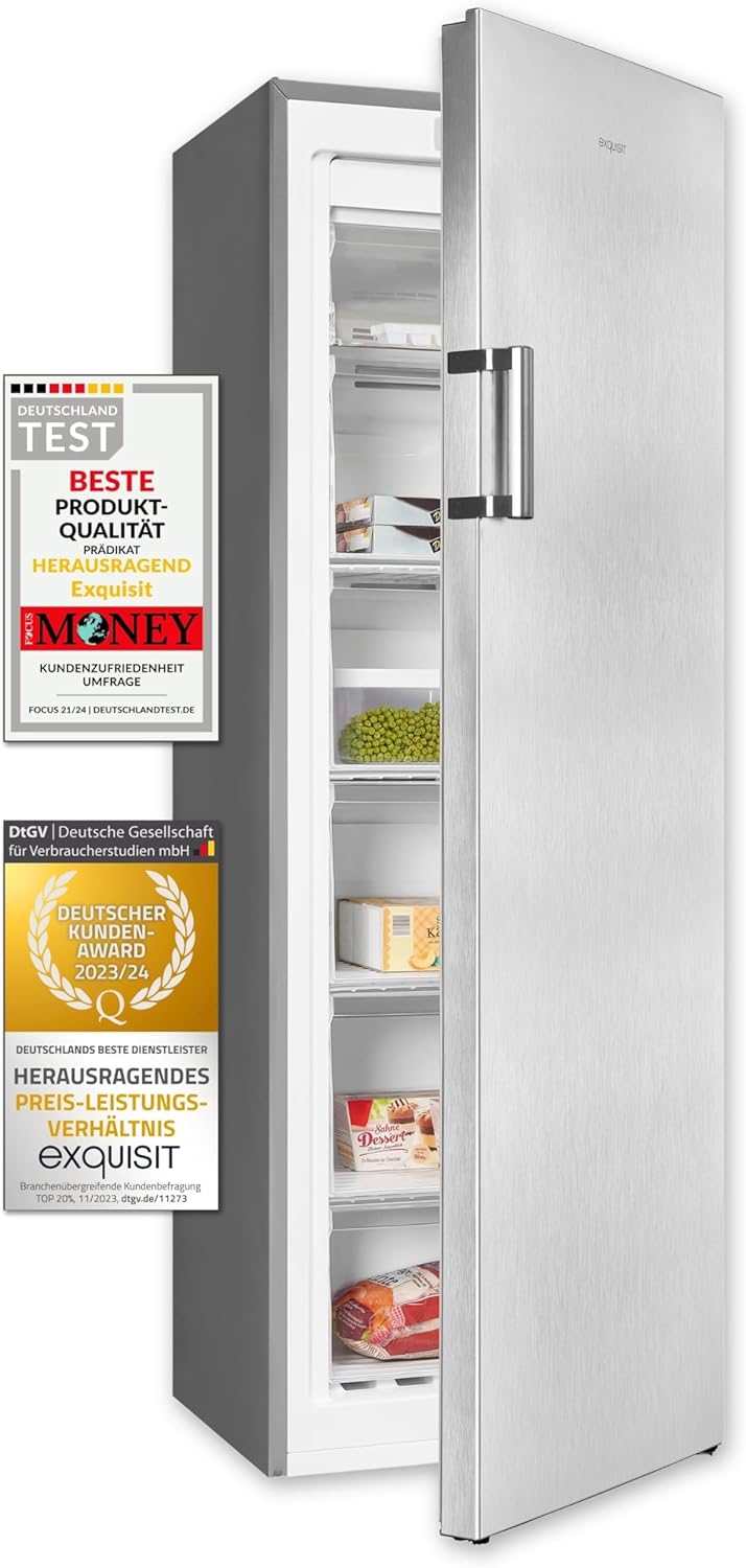 Exquisit Gefrierschrank GS271-NF-H-010E effetto inox | Congelatore NoFrost 194 l di capacità | Congelatore con 5 cassetti | Congelamento rapido