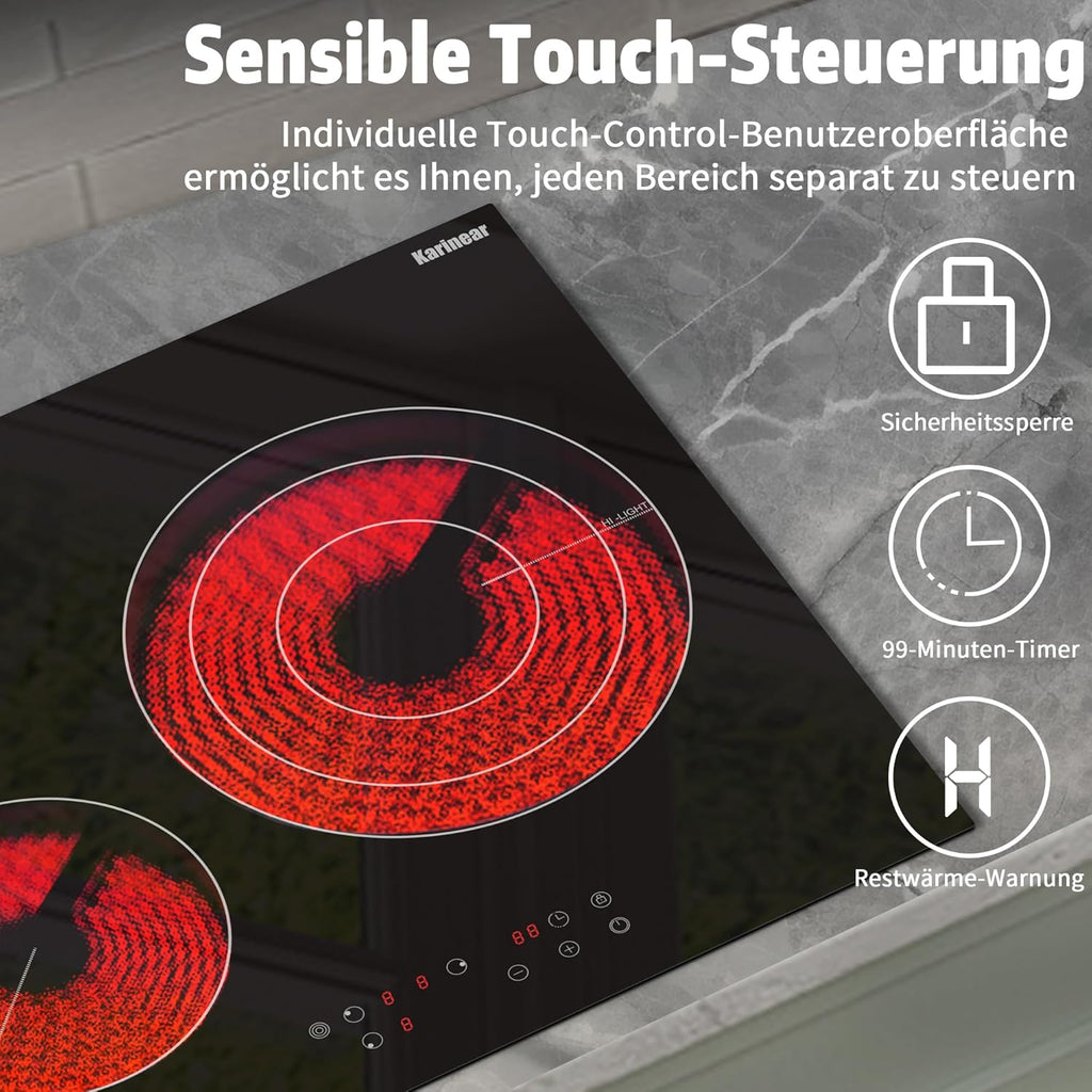 Karinear Einbau-Kochfeld aus Glaskeramik, 4 Kochfelder, mit doppelter ausziehbarer Zone, integrierter elektrischer Tisch mit Touch-Steuerung, Timer, Verriegelung für Kinder, 6600 W
