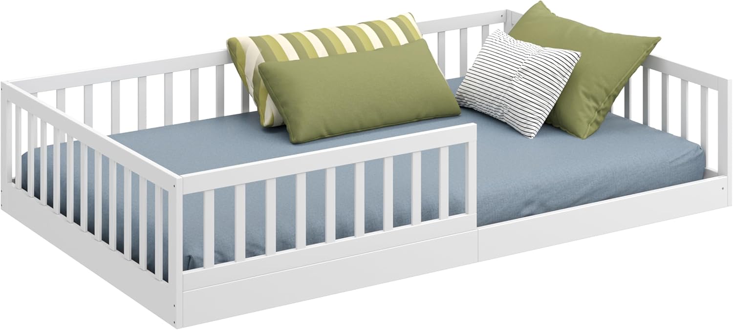 CADANI Timi 2in1 Bodenbett 140x200 cm Montessori Kinderbett mit abnehmbaren Rausfallschutz inkl. Lattenrost, Kiefer Massivholz, weiß - 3 Aufbauvarianten, bis 200 kg belastbar, umbaubar