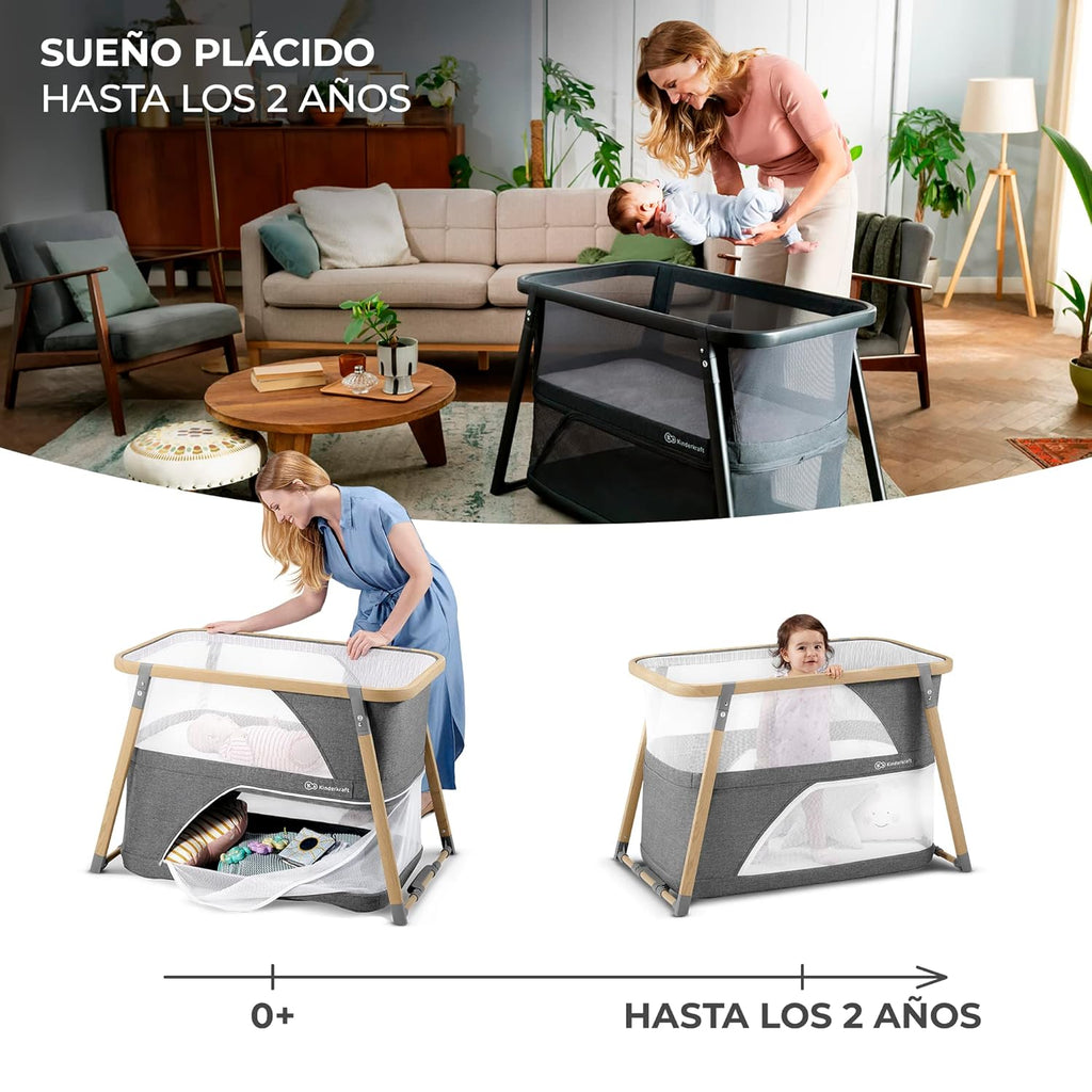 Kinderkraft Culla da Viaggio 4 in 1 SOFI, Culle per Bambini, Lettino, Lettino da Affiancare al Letto, Lettino da Viaggio con Accessori, con Funzione Box, Design Moderno, Dimensioni Ridotte da Piegato, Grigio