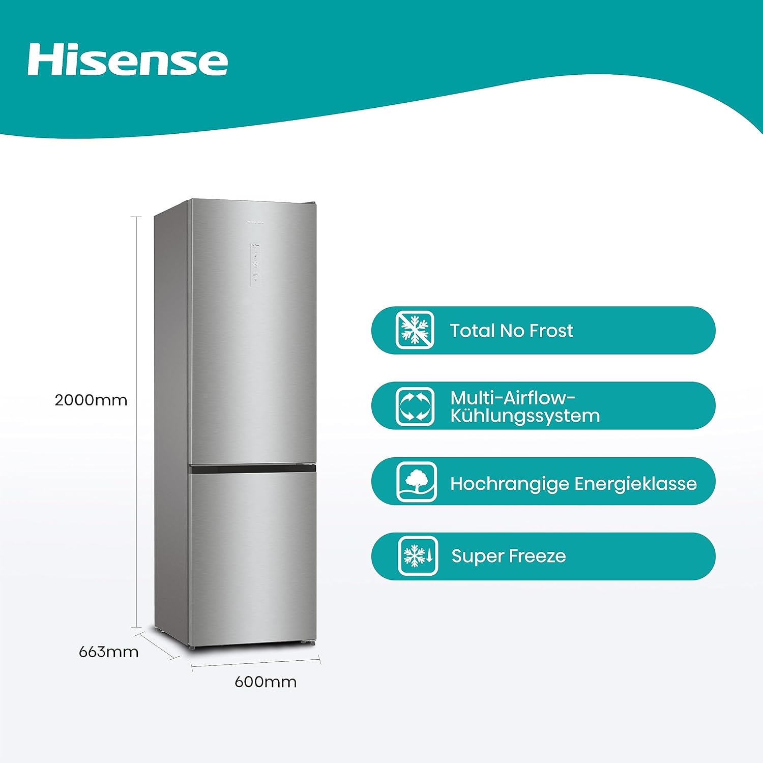 Hisense RB327N4ADD Frigorifero Combinato, Classe Energetica D, Total NoFrost, Porta Reversibile, Griglia Portabottiglie, Vano Frigo 171 Litri, Vano Congelatore 85 Litri, Look Acciaio Inox