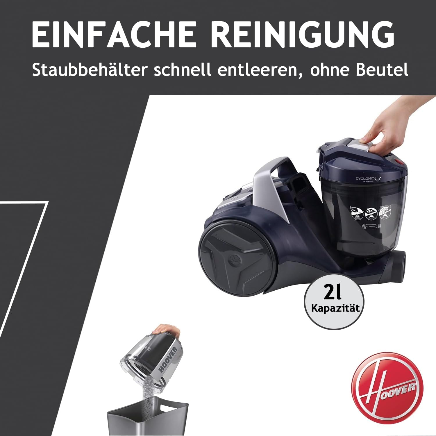 Hoover Aspirapolvere per Peli di Animali Domestici BREEZE PET con Bocchetta per Animali Domestici I Aspirapolvere senza sacco per peli di cane e gatto I Con asta regolabile, filtro EPA, cavo da 5 m con avvolgimento automatico e impugnatura