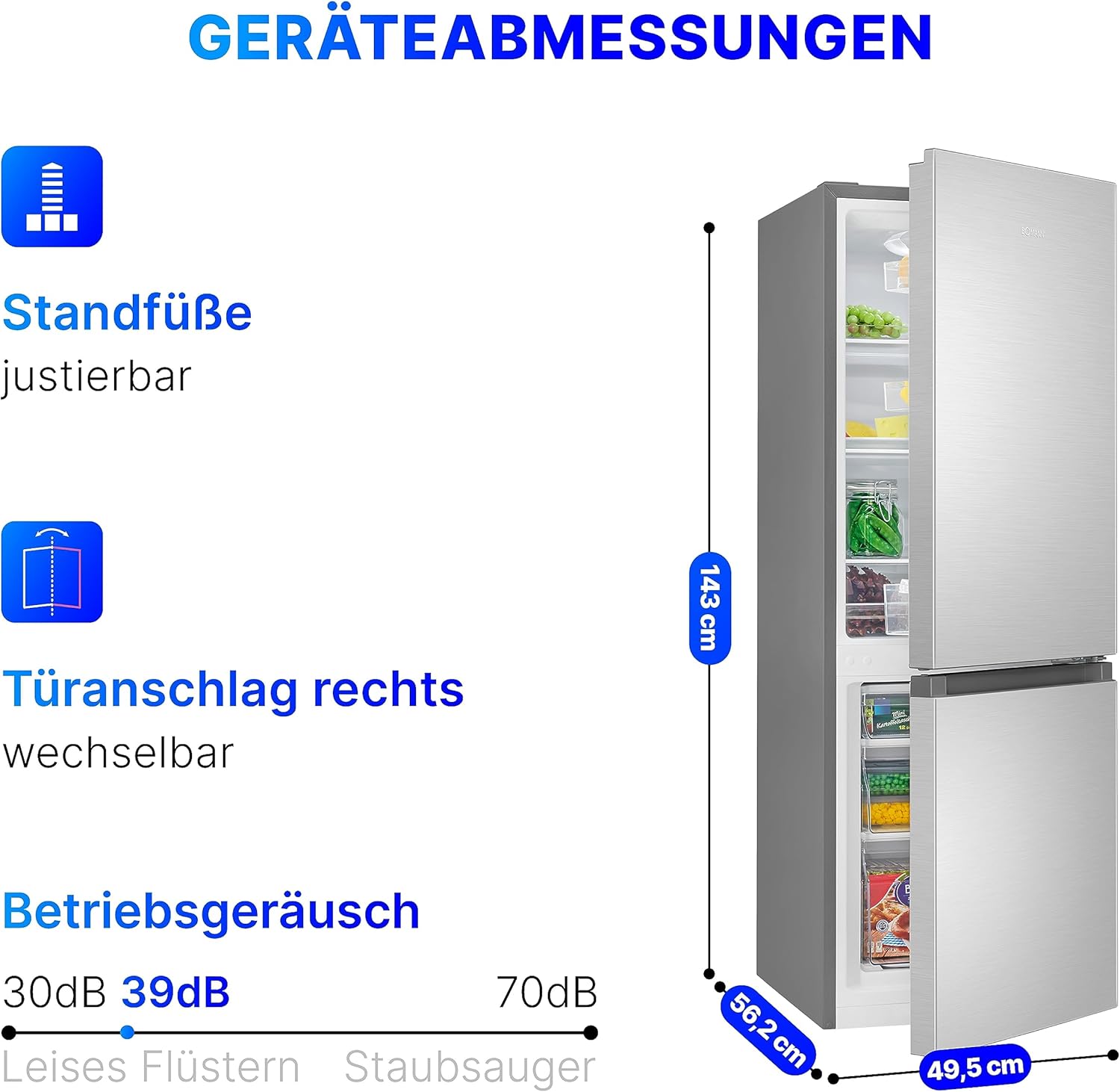 Bomann® Frigorifero con congelatore alto 143cm | Combinazione frigo-congelatore 175L con 3 ripiani e 3 cassetti | Porta reversibile | Combinazione frigo-congelatore silenziosa 39dB | Frigorifero KG 322.1 acciaio inox-look