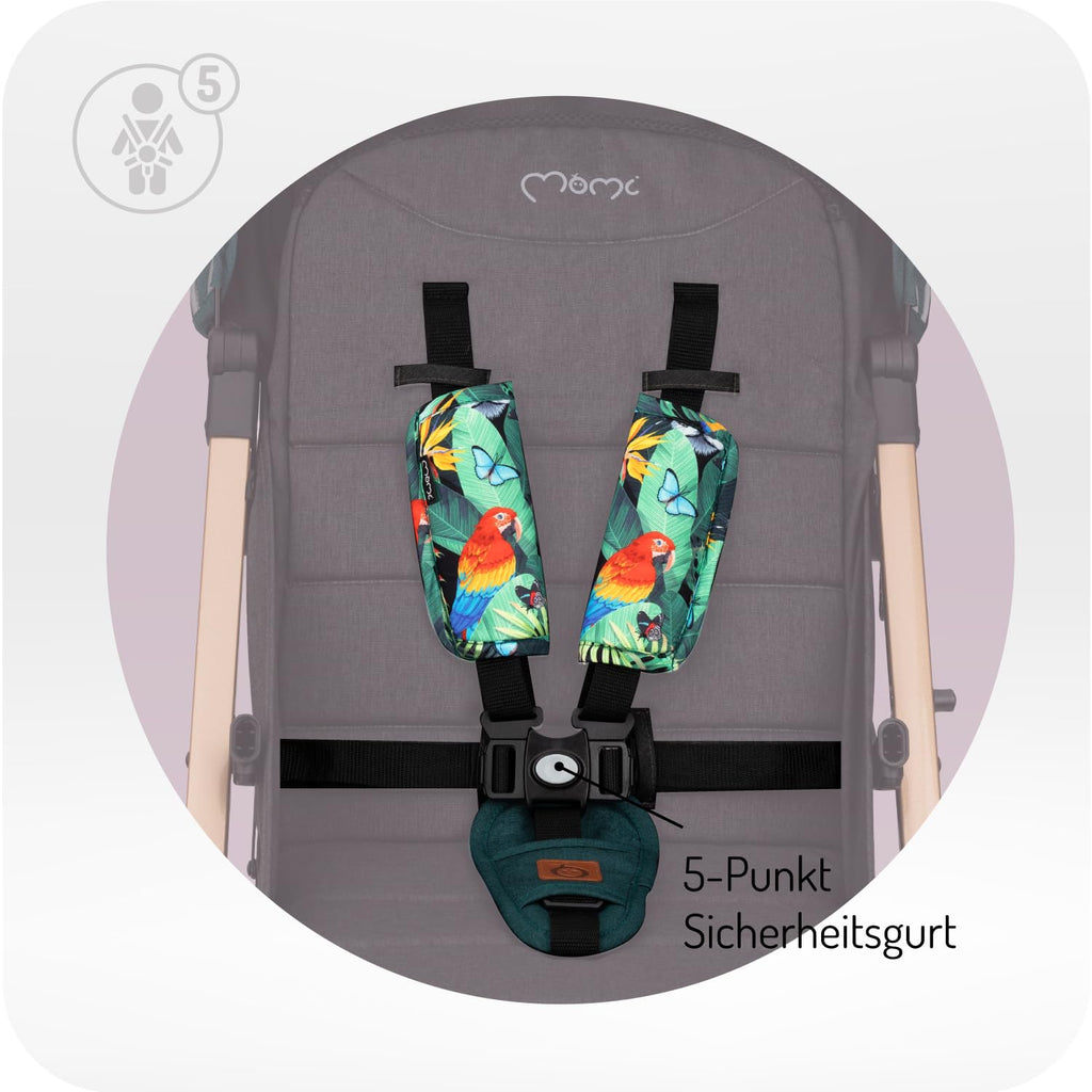 MOMI ESTELLE Kinderwagen für Kinder ab 6 Monat bis zu max körpergewicht von 15 kg, klappbar auf die Maße 65 x 51 x 21 cm, gewicht 7,5 kg, 5-Punkt-Sicherheitsgurt, koffer, grau-gold, Räder 6''/6,5''
