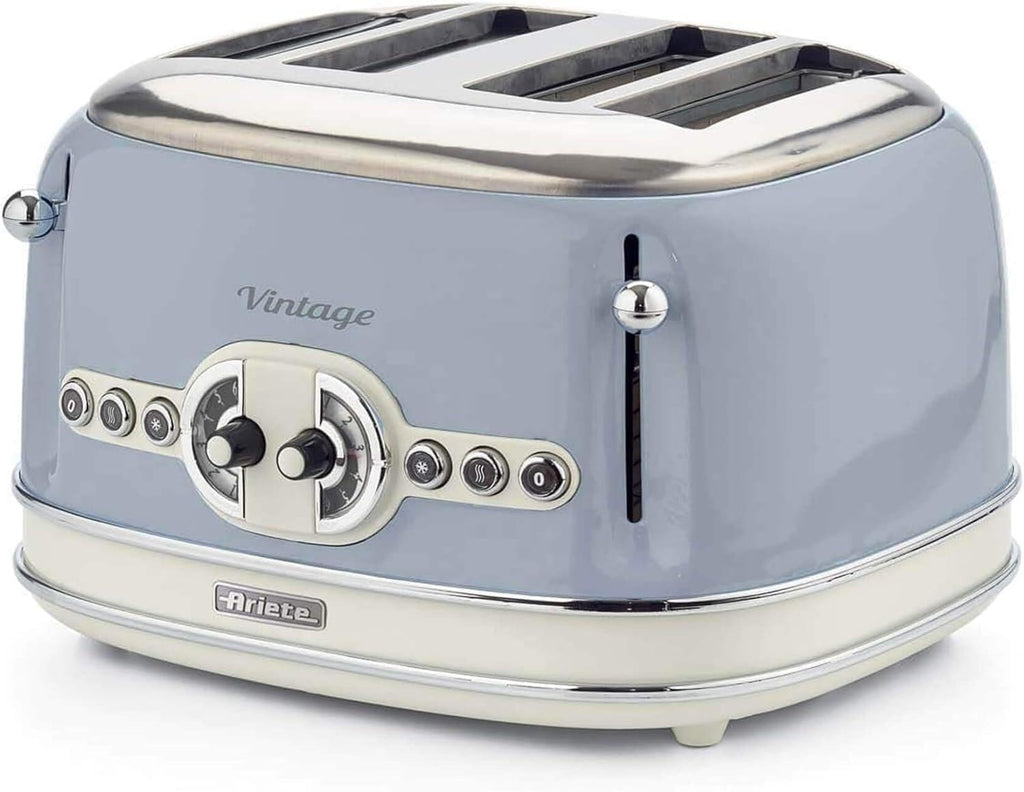 Ariete Vintage 156, 4-Scheiben-Toaster, Retro Toaster mit 6 Toaststufen, Automatischer Auswurf, Auftaufunktion, Herausnehmbares Krümelfach, Gehuse aus Edelstahl, 1600W, Beige