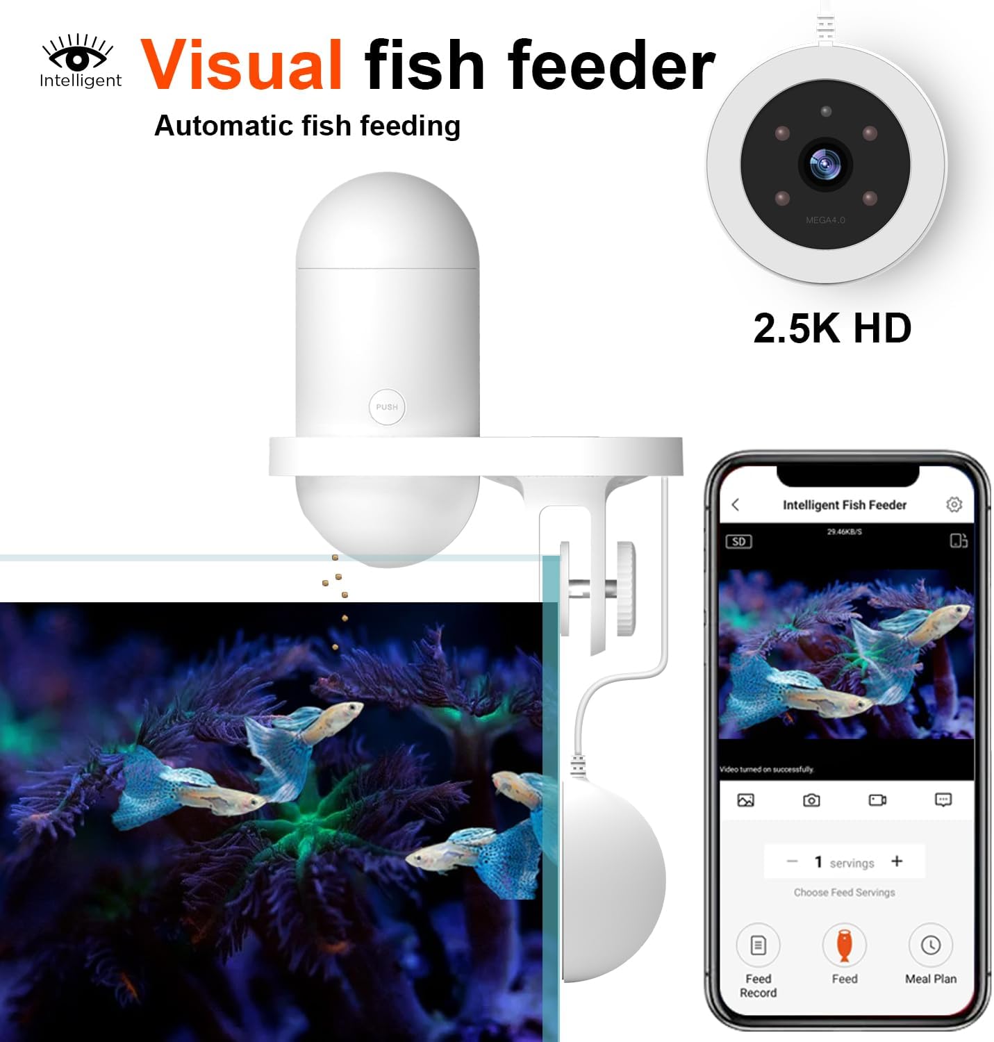 Dispenser Automatico di Cibo per Pesci da Acquario con Telecamera HD, Controllo tramite App (WiFi), Grande Capacità 230ml (25 giorni) per Casa e Vacanze