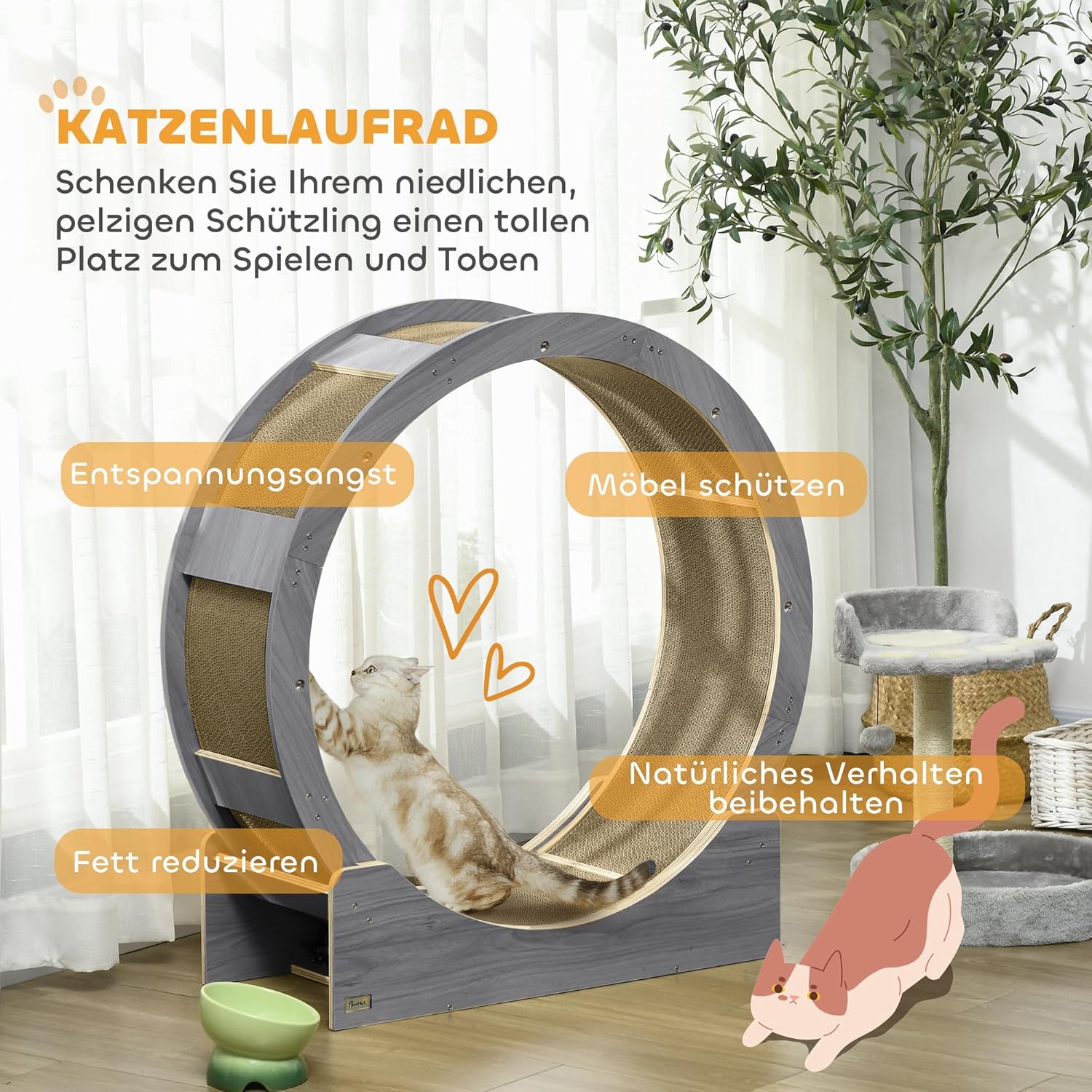 PawHut Katzenlaufrad Laufrad für Katzen 91 cm mit Bremse, Kratzbrett, Katzenrad für gesunde Bewegung, Entspannung, Grau