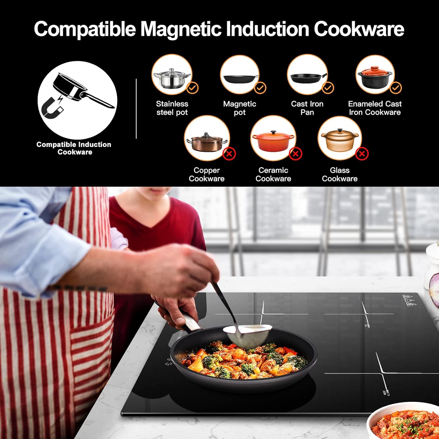 AMZCHEF Induktionskochfeld 60cm mit Zwei Flexzonen, 4 Zonen Induktionskochplatte mit Boost-Funktion und 9 Leistungsstufen, Touch-Bedienung, Timer, Sicherheitsschloss, Überhitzungsschutz, BBQ, 7200W