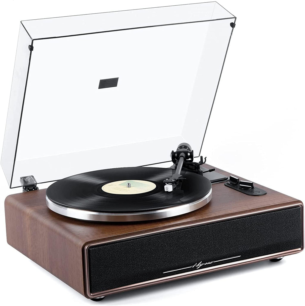 1 by ONE Plattenspieler mit Integrierten Lautsprechern Bluetooth 33/45 U/min Riemenantrieb MM Vinyl Record Player mit Auto-Stopp Funktion Phono-Vorverstrker