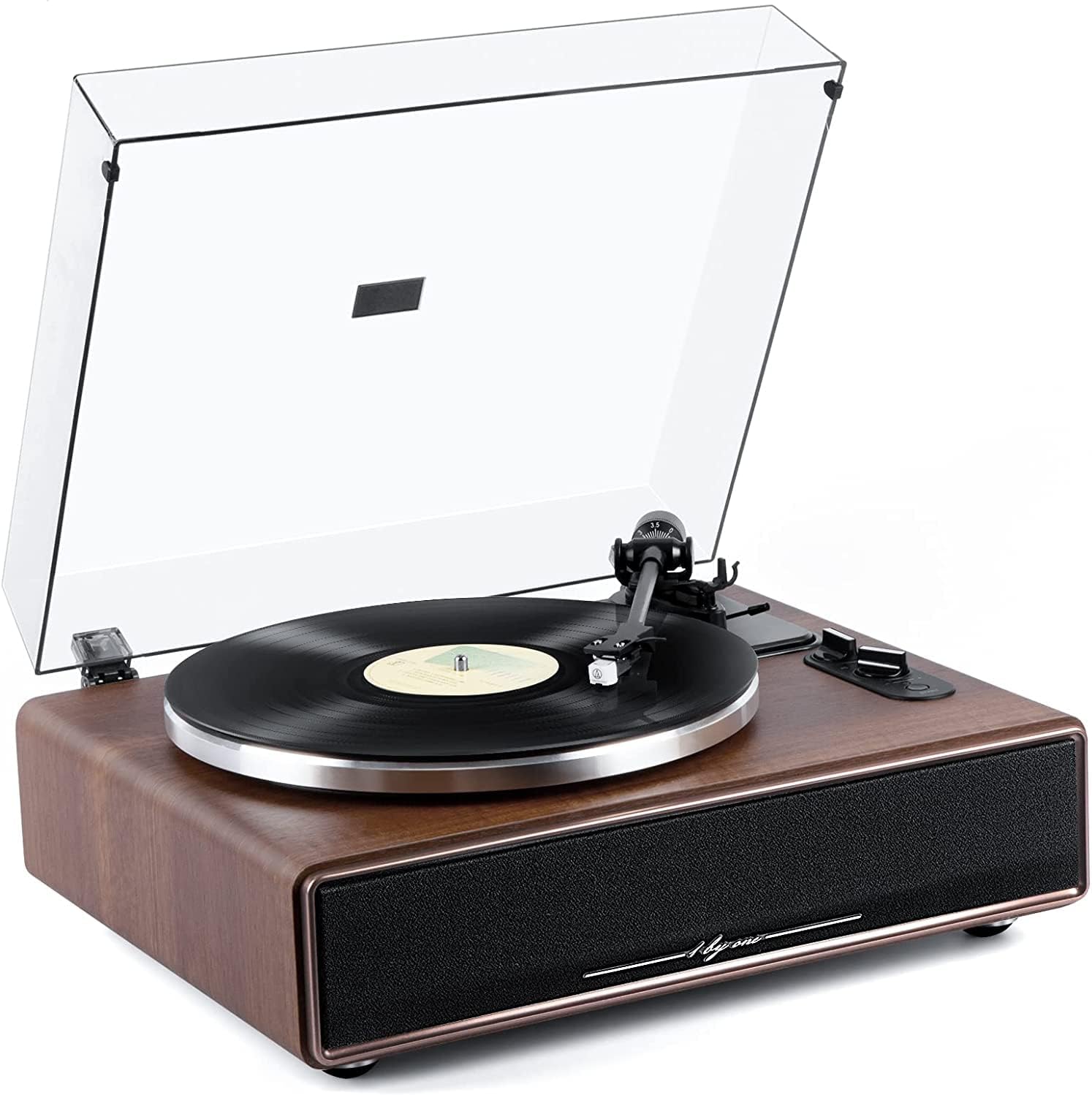 1 by ONE Plattenspieler mit Integrierten Lautsprechern Bluetooth 33/45 U/min Riemenantrieb MM Vinyl Record Player mit Auto-Stopp Funktion Phono-Vorverstrker