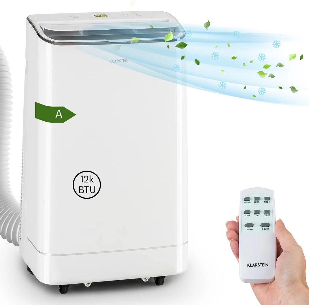 Klarstein Condizionatore Portatile 3-in-1 con Tubo di Scarico, Climatizzatore con Ventilatore, Deumidificatore e Modalità Notturna, Climatizzatore Piccolo e Portatile per Casa e Ufficio, 12000 BTU Basso Consumo