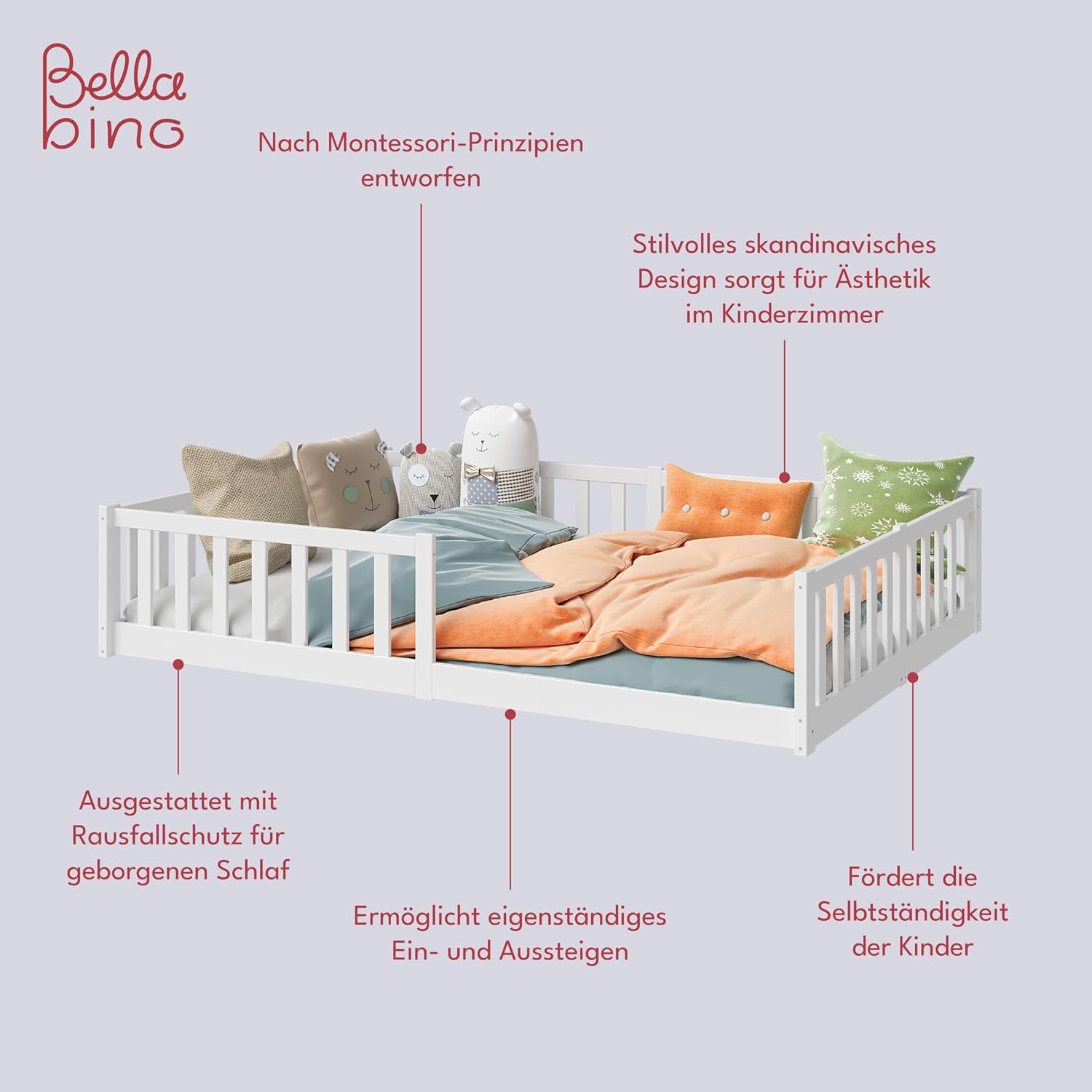 Bellabino Vere Letto a Pavimento 140x200 Montessori, Letto Matrimoniale con Protezione Anticaduta e Rete a Doghe, Letto per Bambini e Bambine in Legno Massello di Pino Bianco con Sbarre