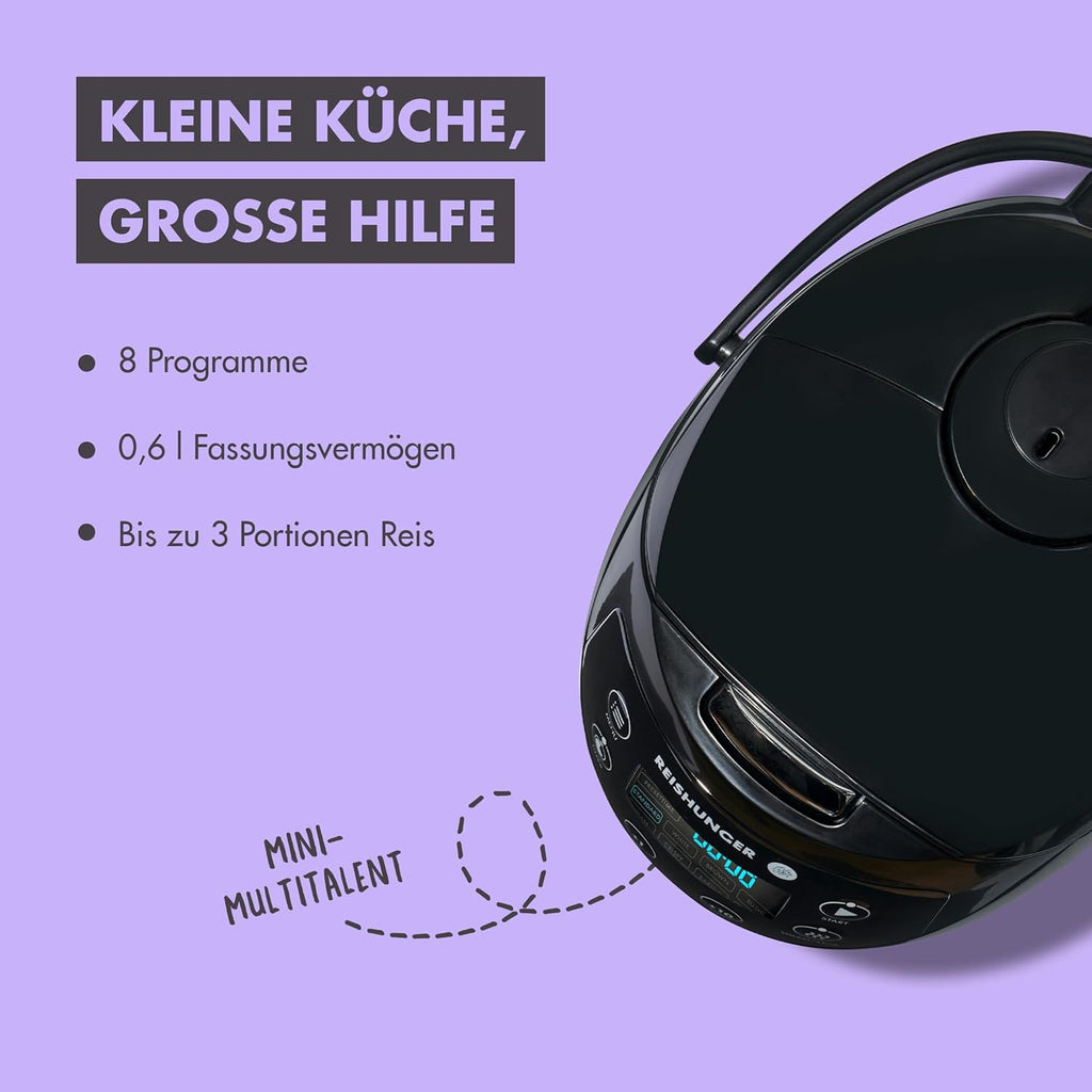 REISHUNGER Cuociriso digitale piccolo, nero | Da 0,6 L fino a 3 persone | Funzione mantenimento calore, timer e pentola premium | Multicooker e vaporiera piccoli, 8 programmi, tecnologia a 7 fasi