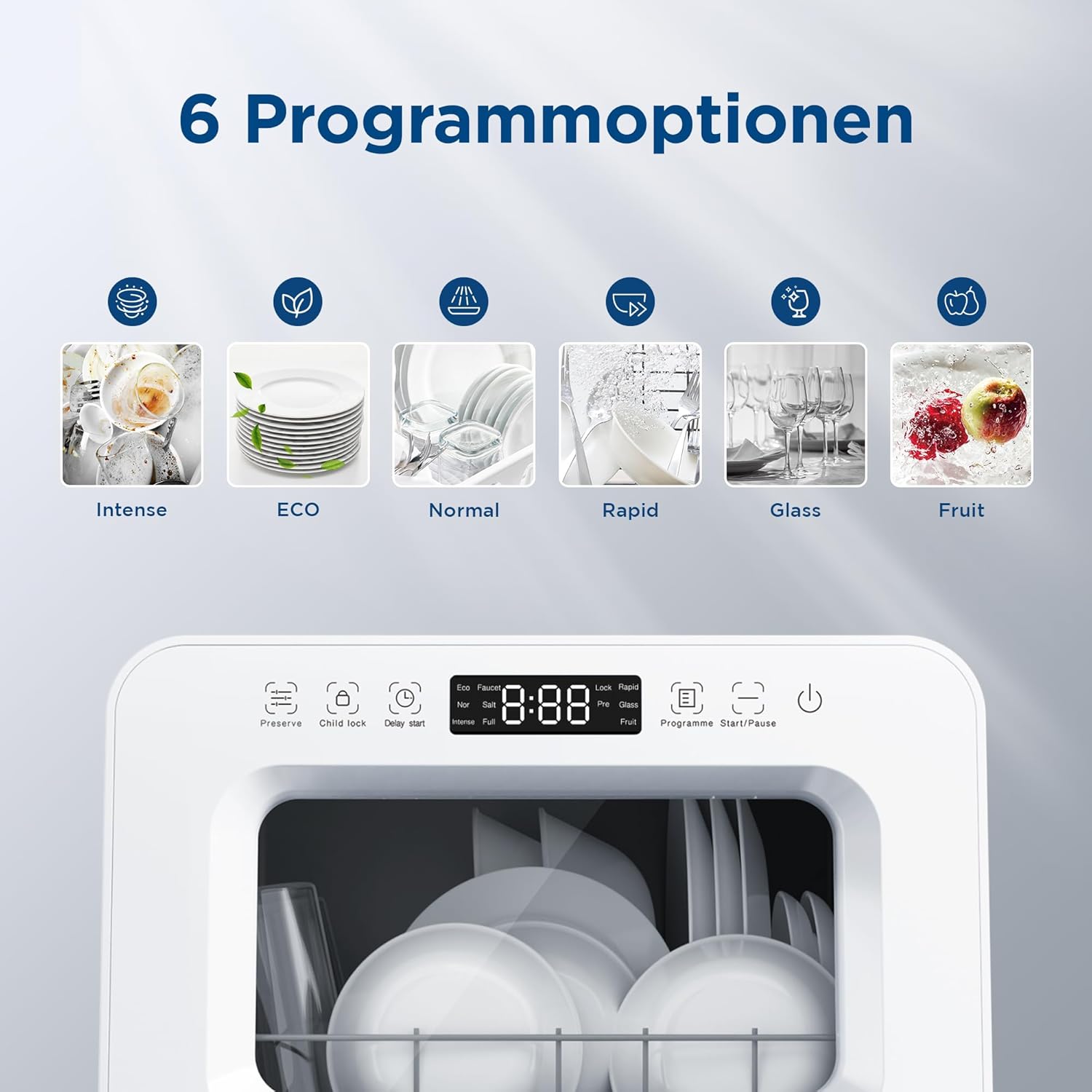 Gudsunal Lavastoviglie da Tavolo, Mini Lavastoviglie con Serbatoio dell'Acqua da 7 Litri, Senza Attacco all'Acqua, 6 Programmi, Igiene ad Alta Temperatura 72°C, Funzione di Asciugatura Ibrida e Mantenimento, Piccola Lavastoviglie per Camper
