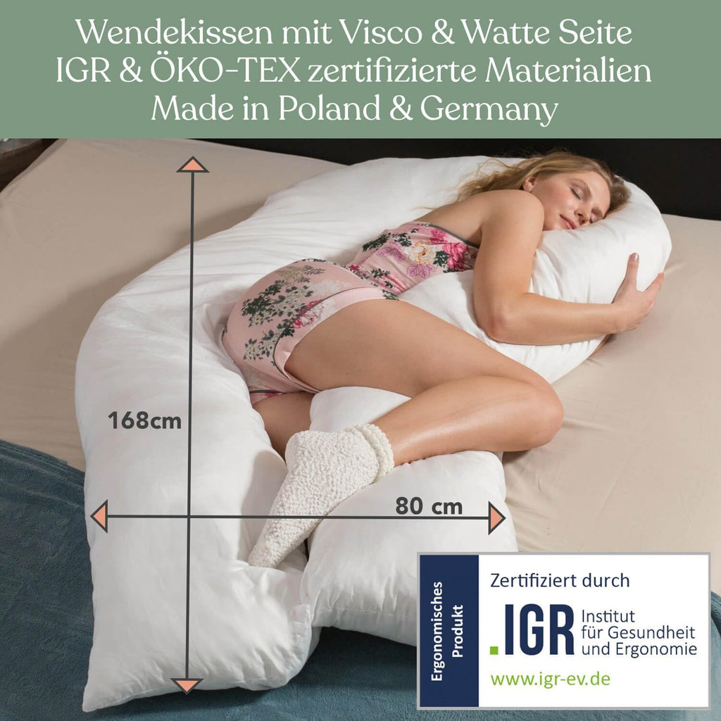 Traumreiter Visco XXL Seitenschläferkissen mit Bezug Baumwolle Graphit Grau, Hybrid Kissen + 1cm Memory Foam, U förmiges Schwangerschaftskissen Gel Body Pillow Komfortkissen Ergonomie Zertifiziert