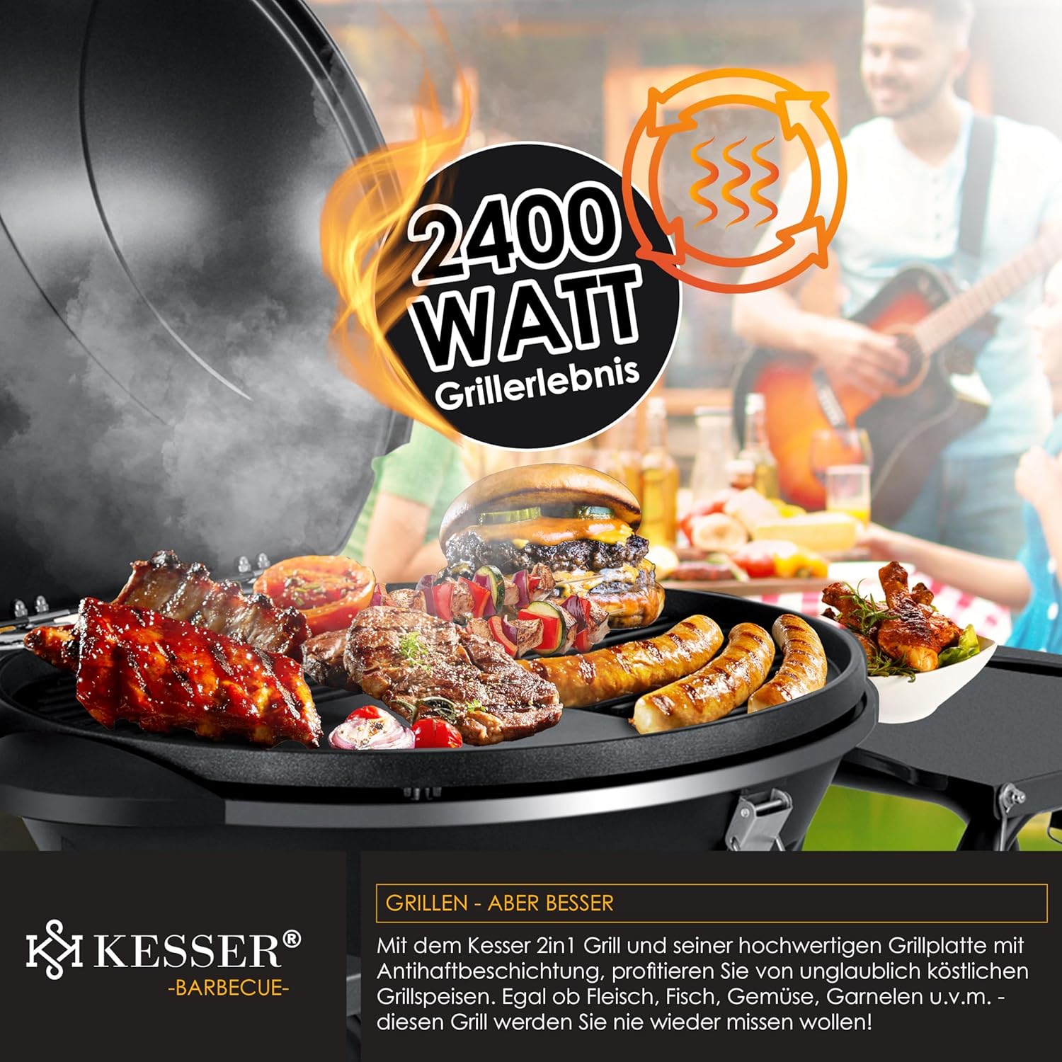 KESSER® elektrischer Elektrogrill 2in1 Tischgrill - Standgrill mit Deckel und Standfuß | max. 2400 Watt | Faltbar | Thermostat | Antihaftbeschichtung | Grillplatte Abstelltische | 2 Räder |
