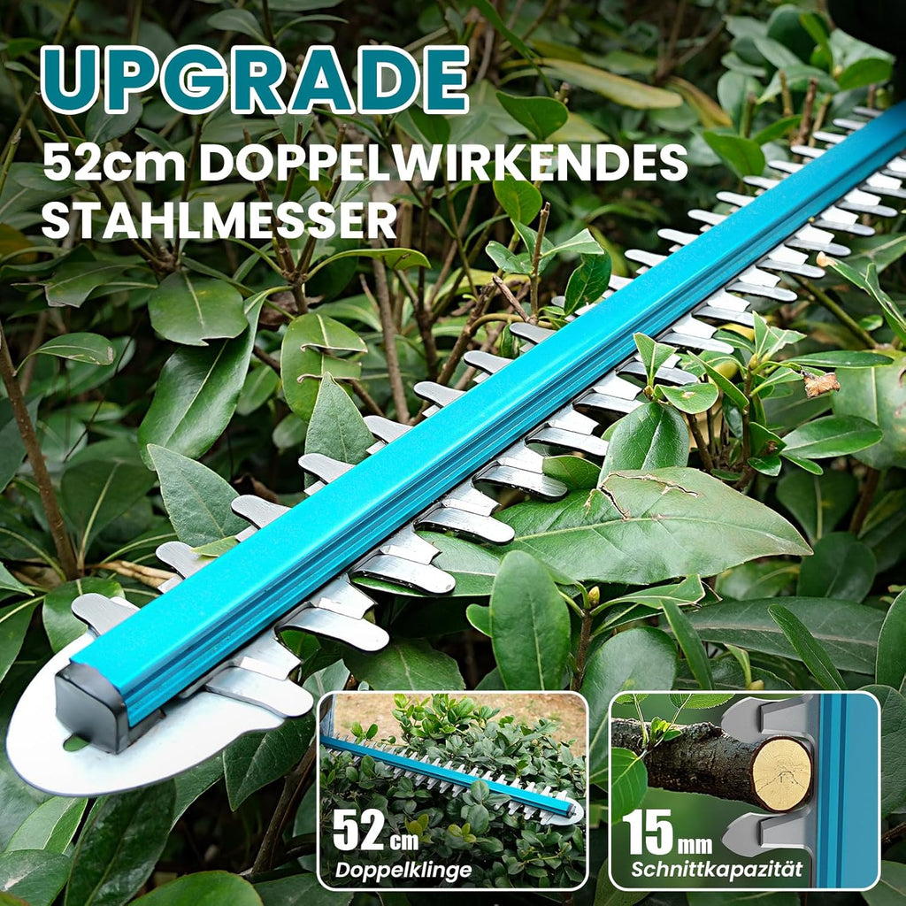 Akku Heckenschere 21V mit 8000mAh Akku, 600W Bürstenlosem Motor, Heckenschere Elektrisch mit 52 cm Schnittlänge, Schnittdurchmesser 15 mm – TrimCut PRO