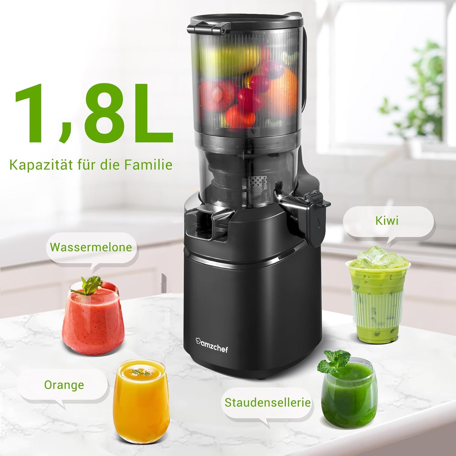 AMZCHEF Estrattore di Succo Automatico Tutto in Uno, Apertura da 135MM e Spremiagrumi da 1,8L per Frutta e Verdura, Estrattore di Succo Lento 250W Vincitore del Test con Triplo Filtro - Nero