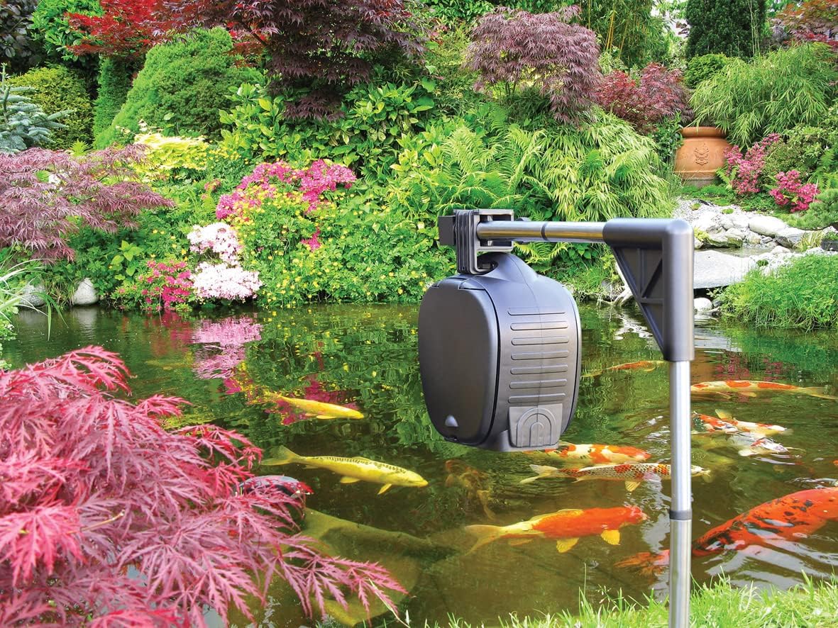HOZELOCK - Automatischer Fischfutterverteiler auf Ständer: Futterautomat für Teiche, funktioniert mit Batterien, 800 ml Fassungsvermögen, einfache Installation mit Ständer [3958 0000]