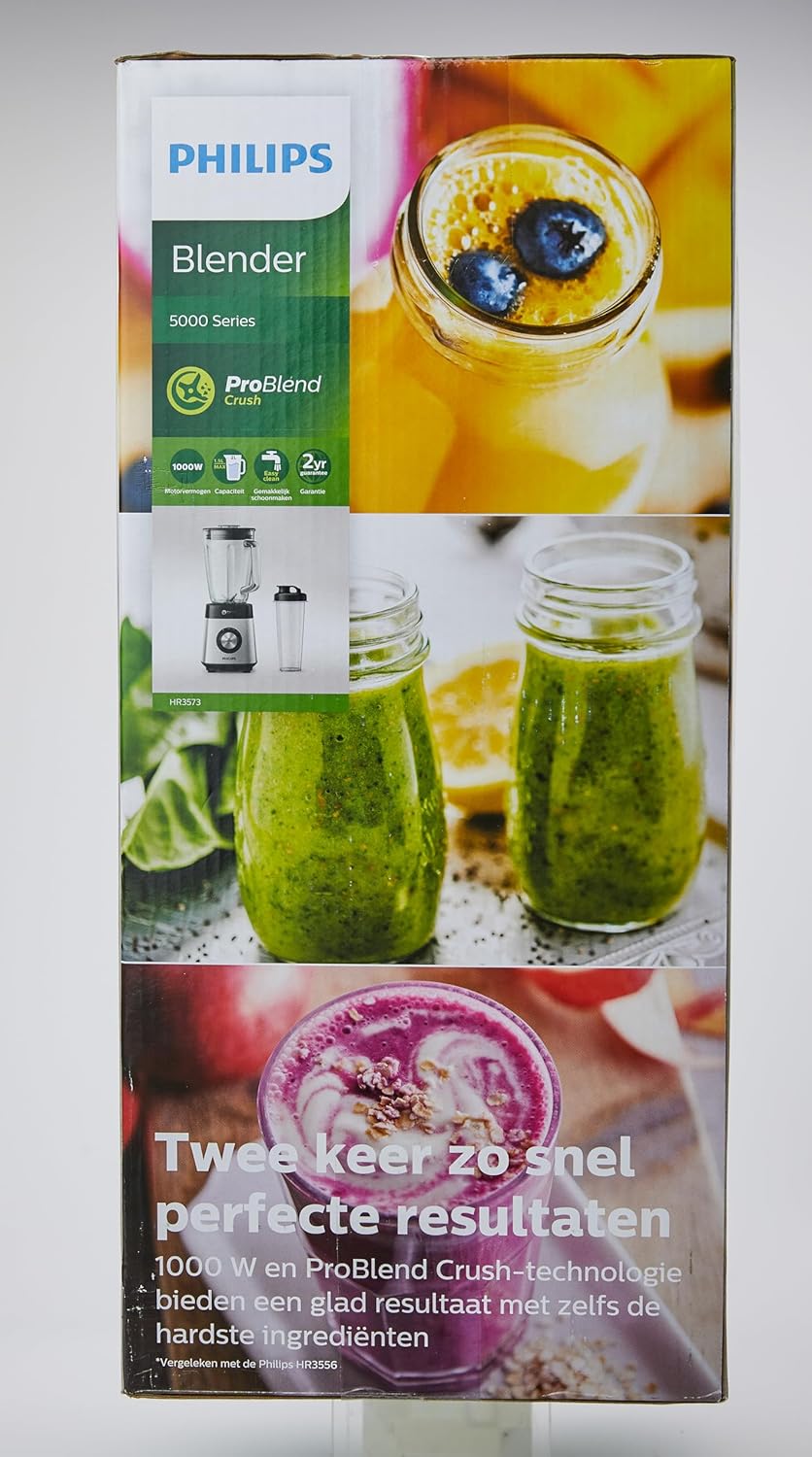 Philips Frullatore da tavolo e per smoothie – 1000 W, caraffa in vetro da 2 litri, app HomeID, velocità variabile, ProBlend Crush, bicchiere da viaggio (HR3573/90)