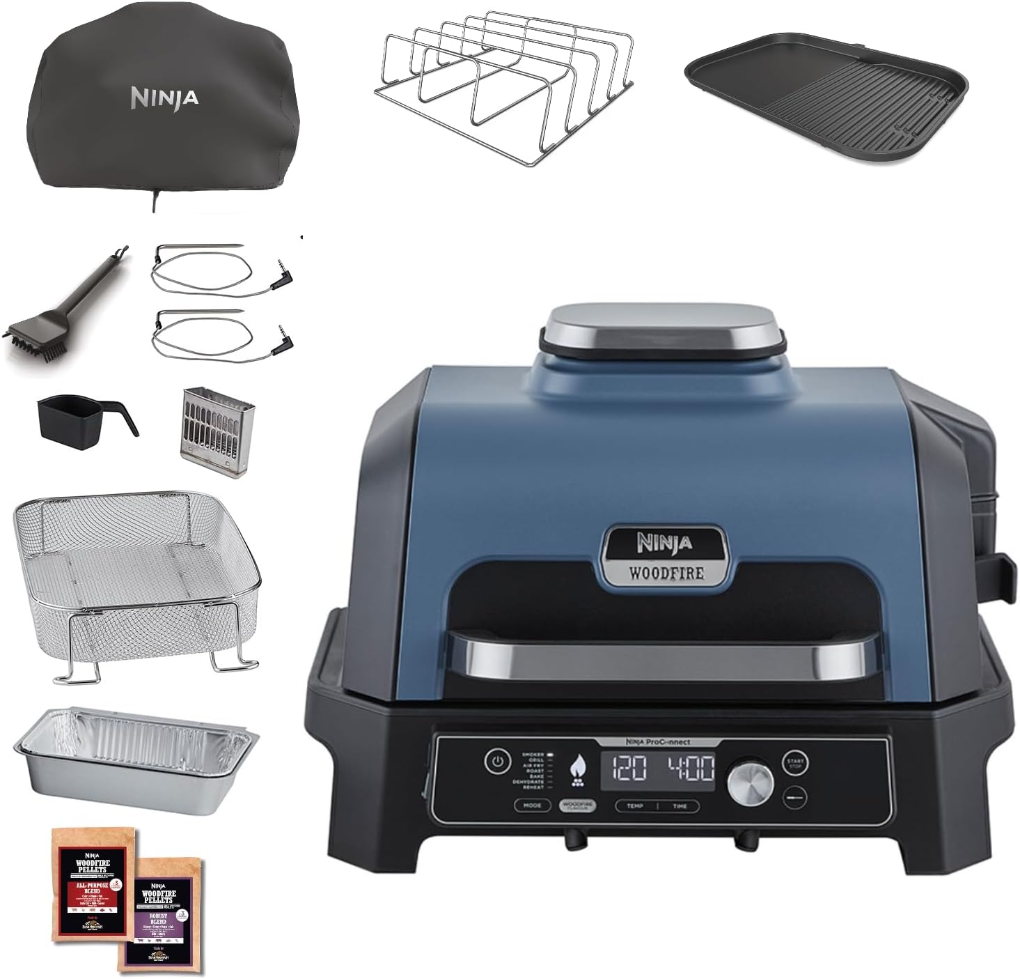 Ninja Woodfire BBQ elettrico e affumicatore e friggitrice ad aria, grill da esterno 7 in 1, friggitrice ad aria, affumicatore, arrostitore, forno e altro ancora, resistente alle intemperie, antiaderente, portatile, elettrico, grigio/nero OG701EU