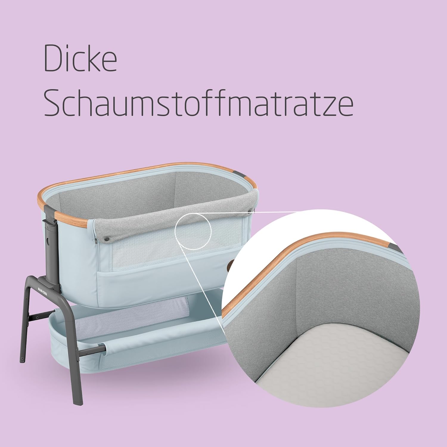 Maxi-Cosi Iora Beistellbett Baby, Faltbares Co-Sleeper, 0–6 Monate, max. 9 kg, 4 Neigungs- und 5 Höhenstufen, Leichtes Schieben, Bequeme Matratze, Großer Korb, Leicht zu Tragen, Essential Grey