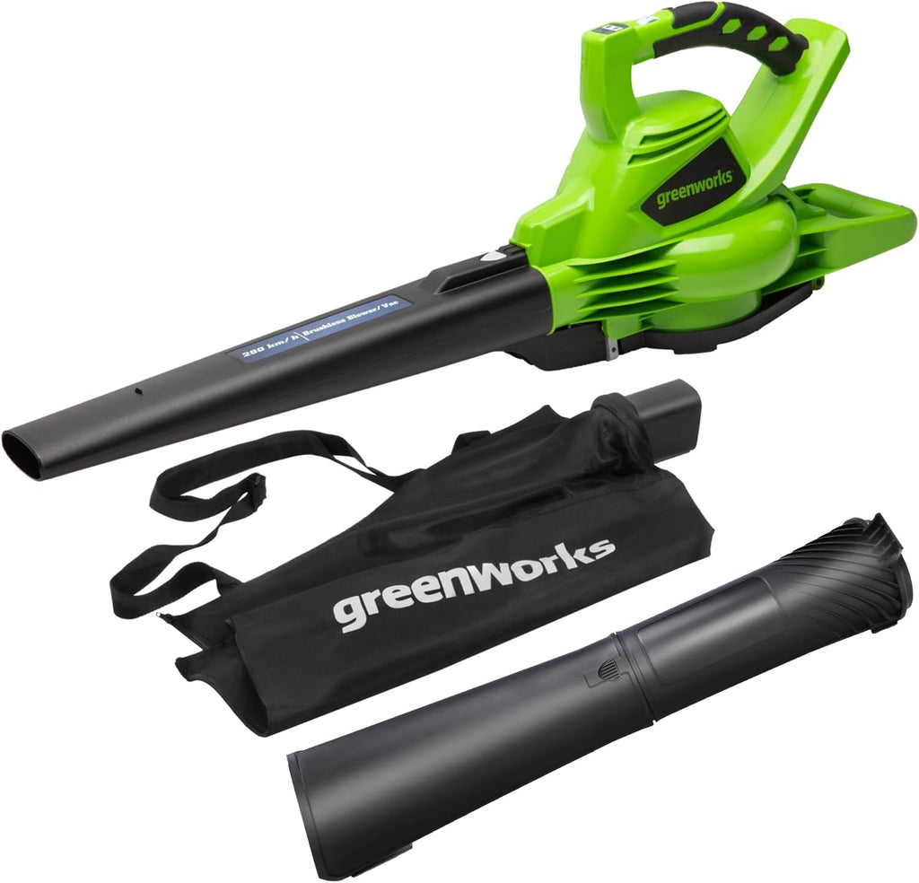 Greenworks 40V Soffiatore Assiale a Batteria con Cruise Control, 177 km/h, 11,05 m³/min, Sacco di Raccolta da 45L, due Batterie da 2Ah e Caricabatterie, 3 Anni di Garanzia GD40BVK2X