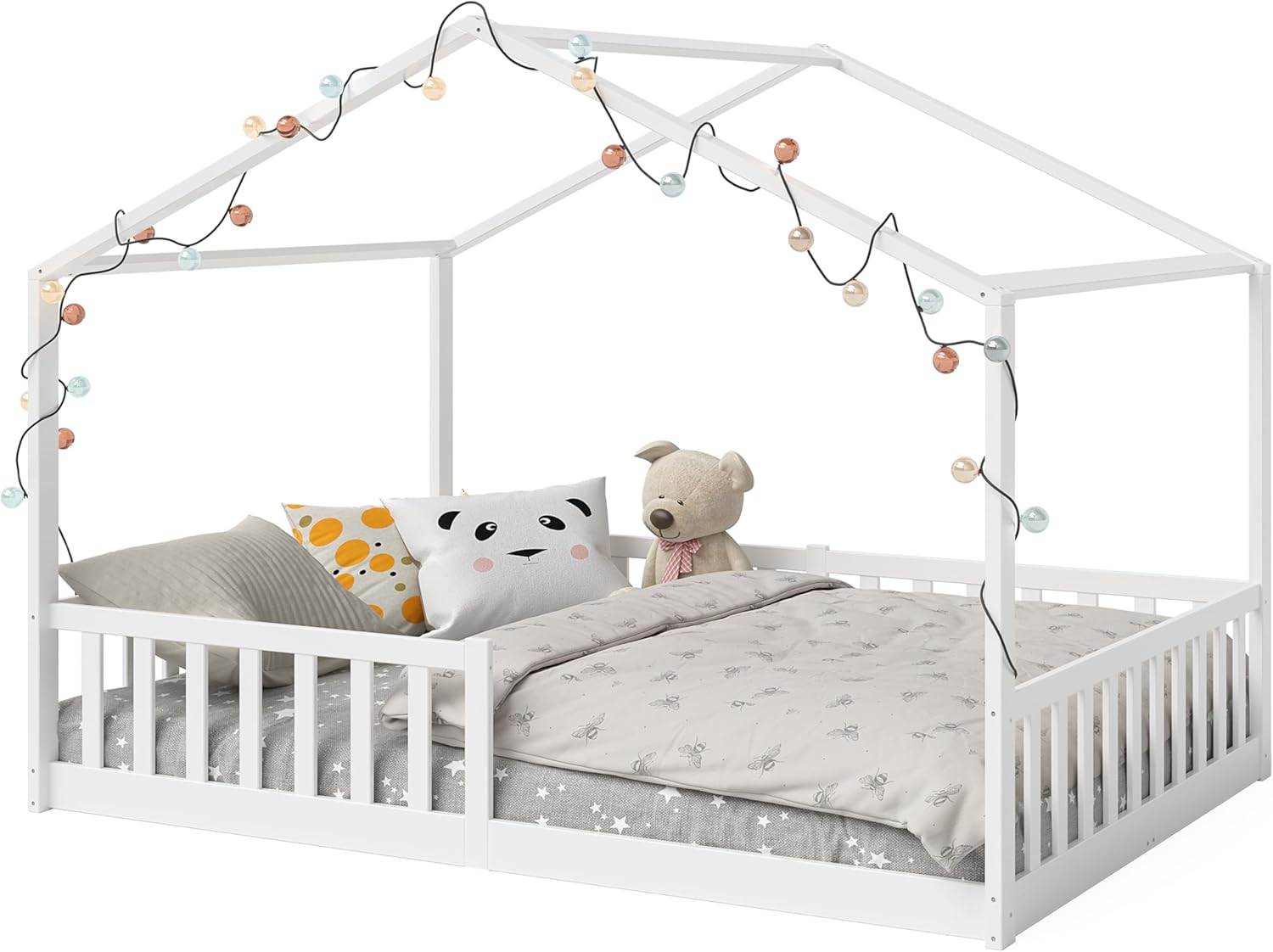 Bellabino Lettino per bambini Bia 140x200 cm, letto a capanna per bambini con protezione anticaduta e rete a doghe arrotolabile, letto a terra Montessori bianco in legno massello di pino