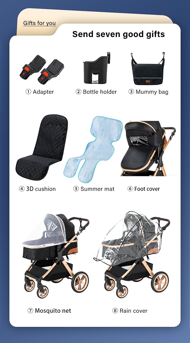 YAZOCO Passeggino 3 in 1, Passeggino Pieghevole Set Completo con Portabicchieri, Zanzariera, Coprigambe per Neonato (5 nero)