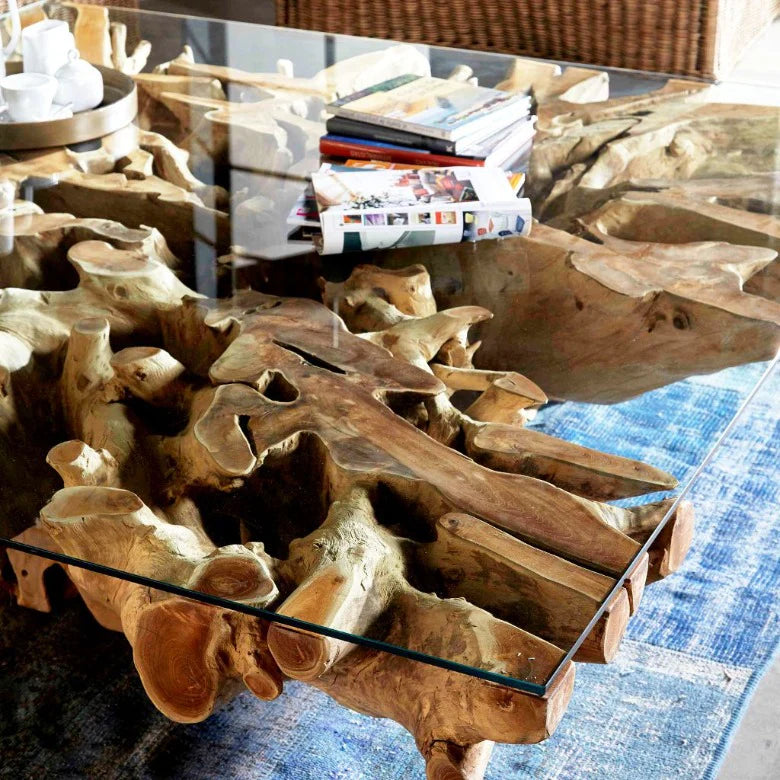 Tavolino da salotto in radice di legno NAGA 150cm x 150cm con piano in vetro