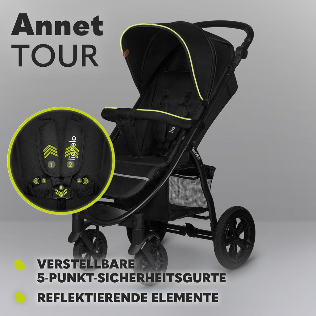 LIONELO Annet Tour Kinderwagen bis 22 kg, verstellbarer Griff, zusammenklappbar, verstellbare Rückenlehne bis zur Liegeposition, wartungsfreie Räder, XXL-Verdeck, 5-Punkt-Gurt, Einkaufskorb