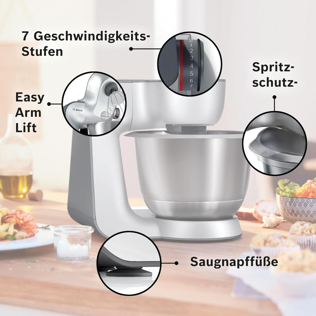 Bosch Robot da cucina Serie 4 MUM56340, Ciotola 3,9 L, Frullatore 1,25 L, Tritacarne, Spremiagrumi, Movimento planetario, Gancio impastatore, Frusta, Sbattitore, Taglierino continuo, 3 dischi, 900 W, Argento/ Grigio