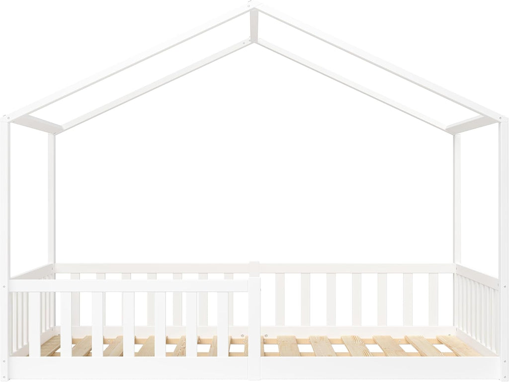 Bellabino Lettino per bambini Bia 140x200 cm, letto a capanna per bambini con protezione anticaduta e rete a doghe arrotolabile, letto a terra Montessori bianco in legno massello di pino