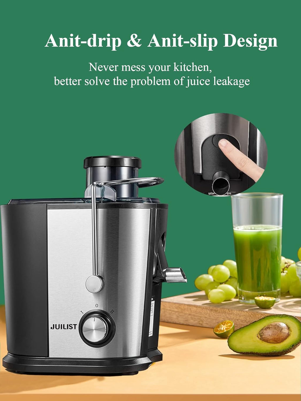 Juilist Entsafter Gemüse und Obst, 600W Juicer mit Groer Einfüllschacht (65 mm), 2 Geschwindigkeitsstufen, Anti-Tropf-System & Anti-Rutsch-Füe, Leicht zu bedienen und zu reinigen