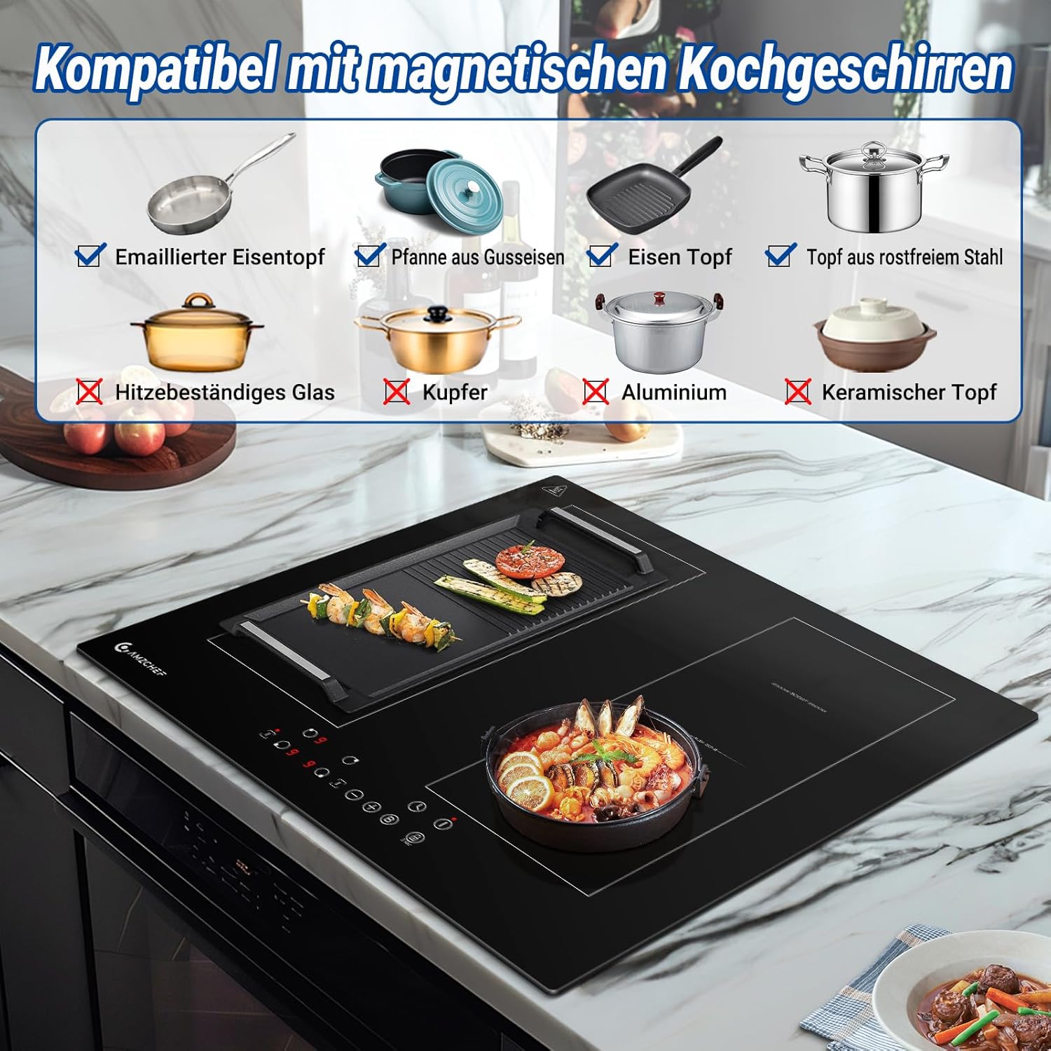 AMZCHEF Induktionskochfeld 60cm mit Zwei Flexzonen, 4 Zonen Induktionskochplatte mit Boost-Funktion und 9 Leistungsstufen, Touch-Bedienung, Timer, Sicherheitsschloss, Überhitzungsschutz, BBQ, 7200W