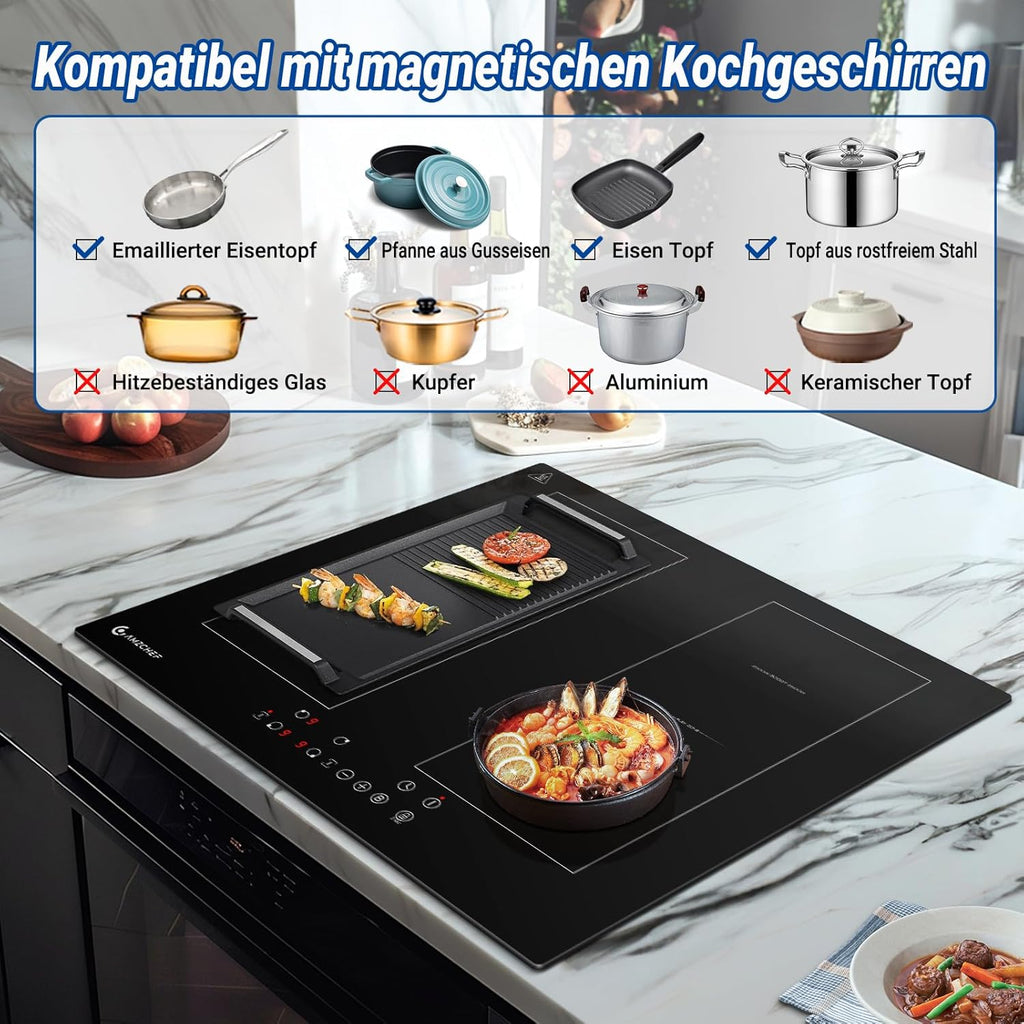 AMZCHEF Induktionskochfeld 60cm mit Zwei Flexzonen, 4 Zonen Induktionskochplatte mit Boost-Funktion und 9 Leistungsstufen, Touch-Bedienung, Timer, Sicherheitsschloss, Überhitzungsschutz, BBQ, 7200W