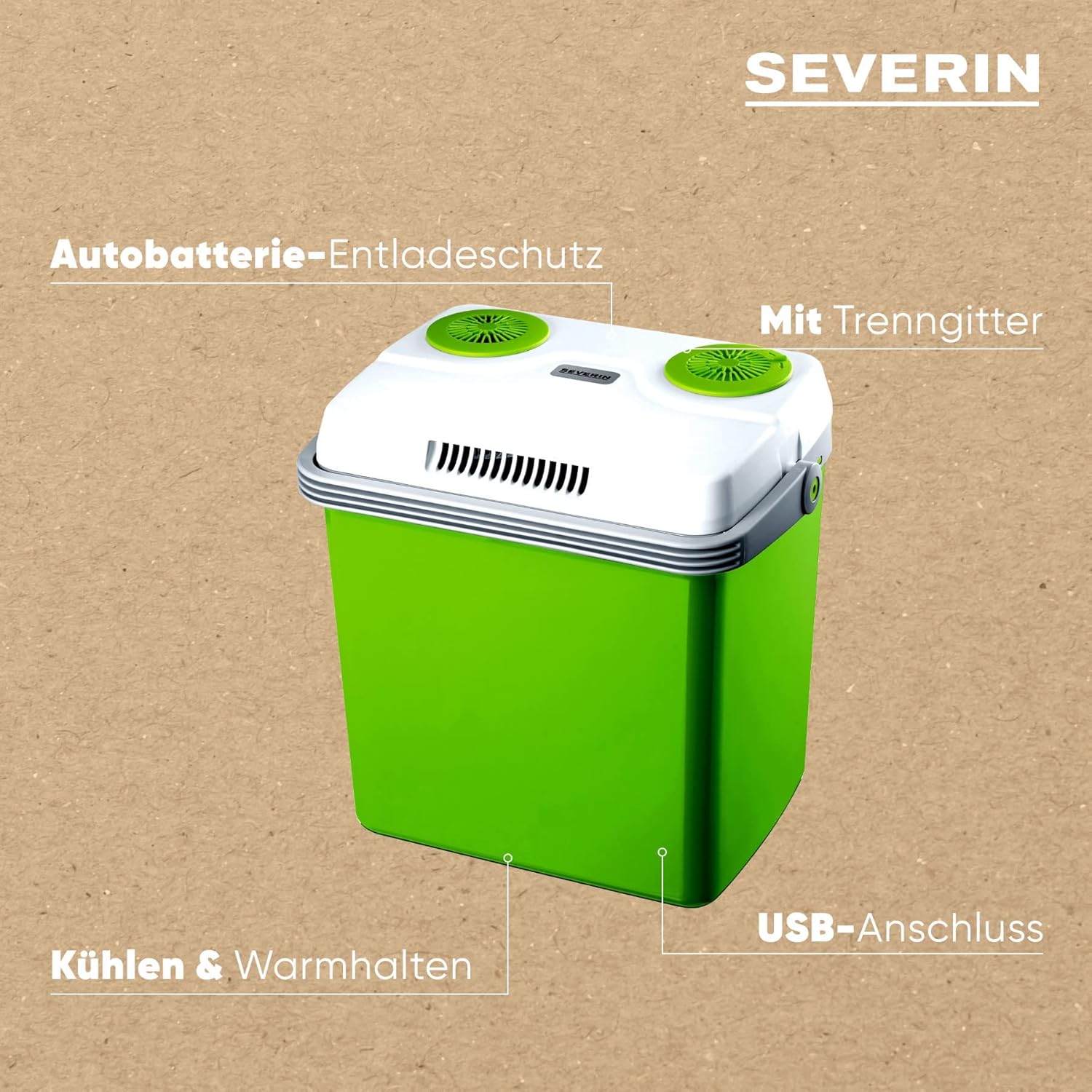 SEVERIN Electric Cool Box with a Cooling and Warming Function, 20 L, Incl. 2 Connections: 220 - 240 V / 12 V DC, KB 2922, Green-Grey, With additional USB connection, 28 l