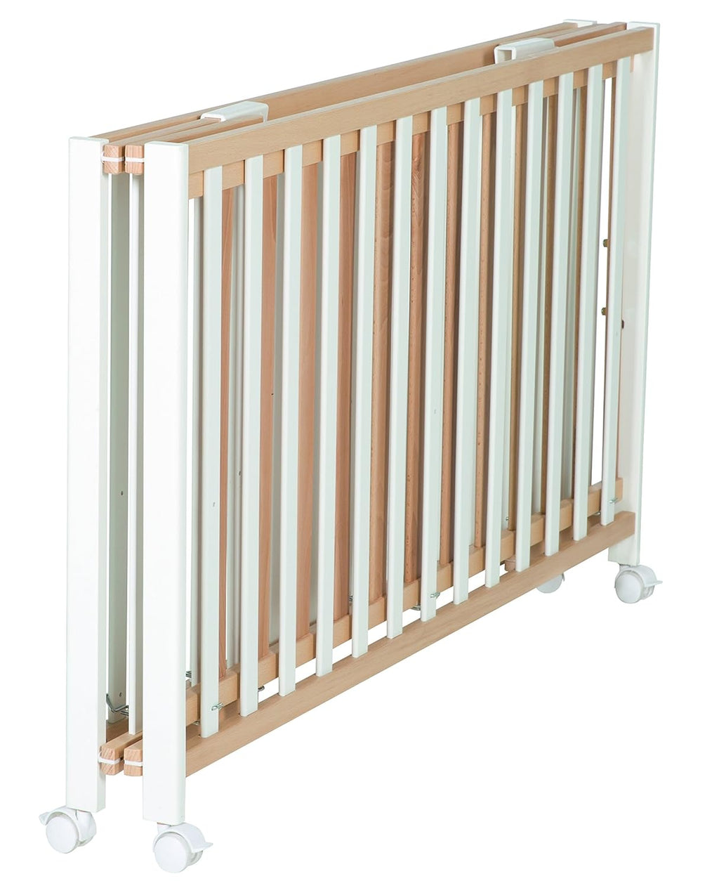 roba Klappbett Fold Up 60 x 120 - Klappbares Babybett aus Holz - 2-fach höhenverstellbar - Platzsparendes Gitterbett auf Rollen - Weiß