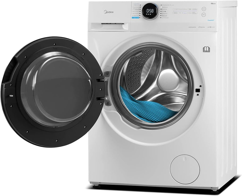 Lavasciuga Midea MF200D86WB-14EAS, 8/6kg lavaggio/asciugatura, Motore Inverter, Refresh, 60 min. Lavaggio e Asciugatura, Steam Care, Turbo Wash, 48 cm profondità, Controllo APP, AquaStop