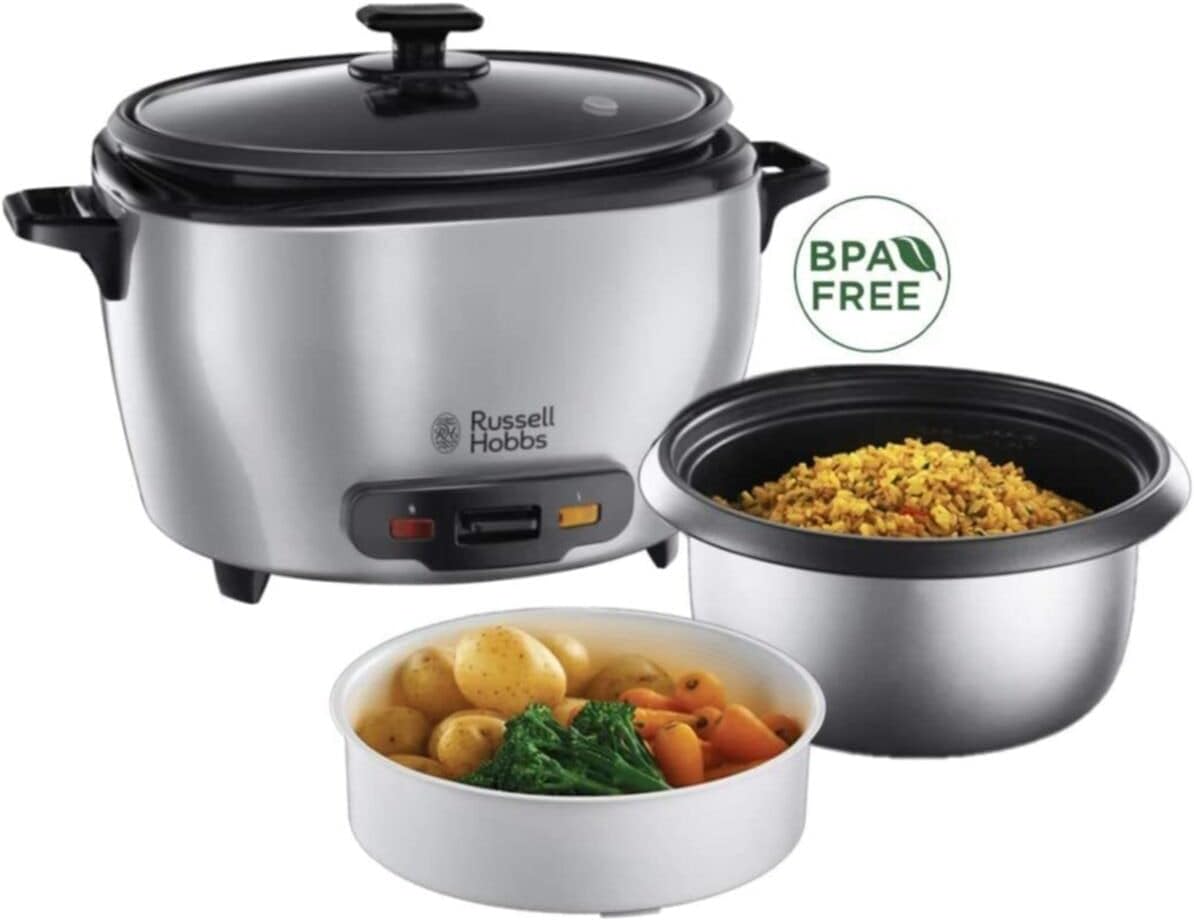 Russell Hobbs Cuociriso [XL] 5l inclusivo di Cestello per la Cottura a Vapore MaxiCook (Funzione Mantenimento in Caldo, Pentola Antiaderente, Cucchiaio per Riso e Misurino, Cottura Lenta per Verdure, Pesce ecc) 23570-56