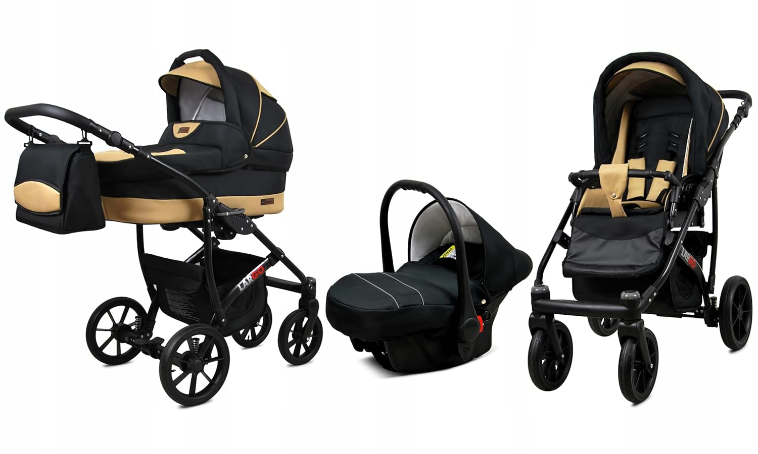BabyLux Largo 2-in-1 Baby Kinderwagen Tief und Kinderwagen mit Zubehör Verstellbar und faltbar Aluminiumkonstruktion Wasserdicht Nicht abnehmbare Räder Brown Cream White Frame