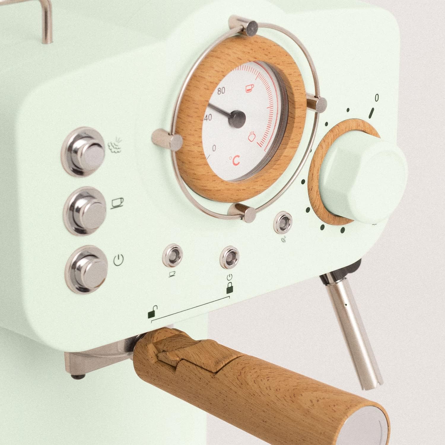 CREATE / THERA RETRO/Macchina da caffè espresso semiautomatica Rosa Pastello Opaco e Legno / Pompa a pressione 20bar, 1100W, Serbatoio acqua 1.25L, per caffè macinato, cialde ESE 55mm, con vaporizzatore, 1100W